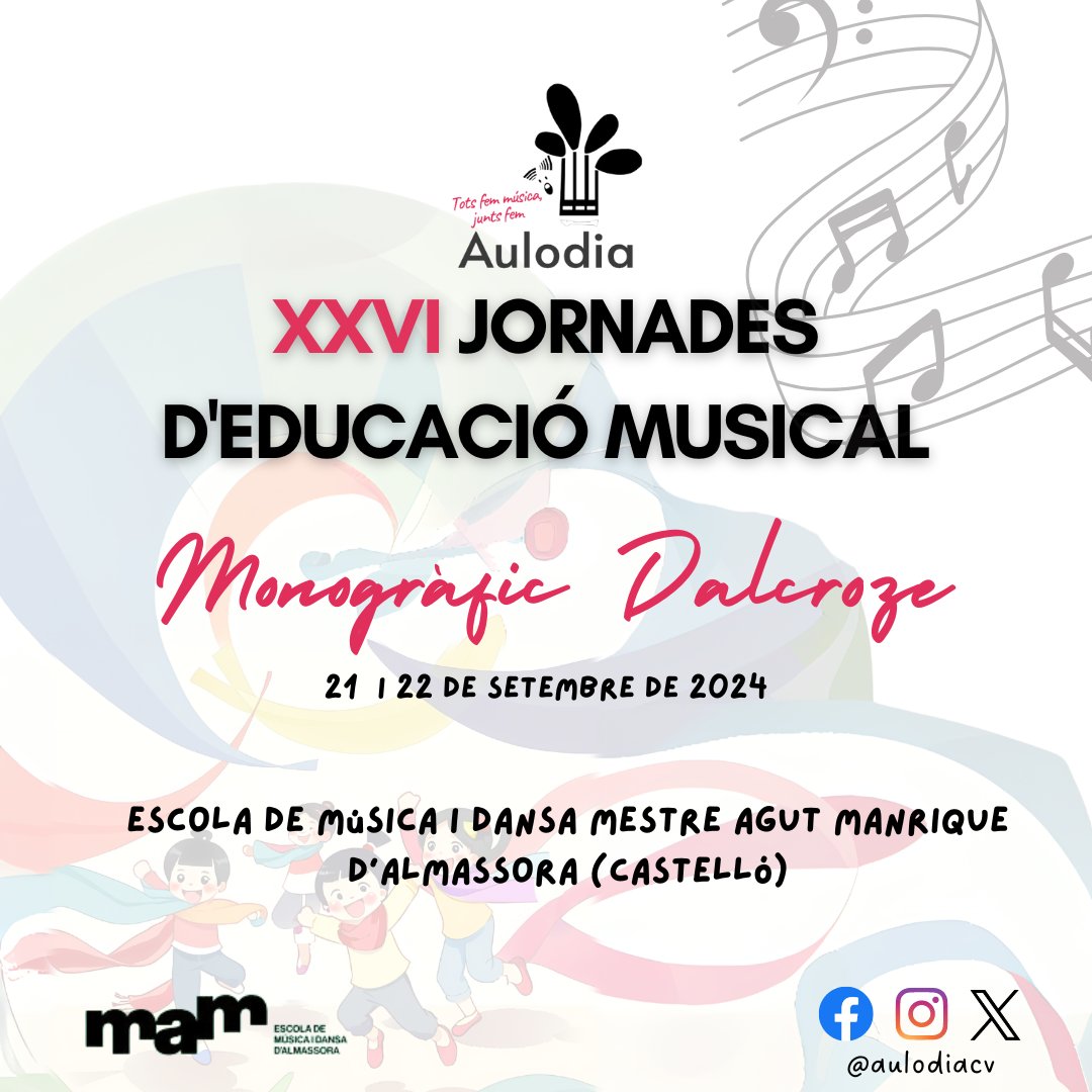 Ja estan aci! Les XXVI Jornades d'Educació Musica tornem als nostres referents pedagògics amb un monogràfic sobre Jacques Dalcroze. INSCRIPCIONS I INFO: forms.gle/CBUAH2sQseX9Ec…

#XXVIJornadesEducacióMusical #Aulodia #JuntsFemAulodia #Dalcroze