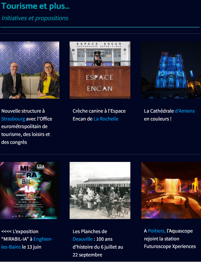 📣[NEWSLETTER ESTIVALE]

Tourisme et plus…

  - Nouvelle structure à <a href="/Stras_Tourisme/">Strasbourg Tourisme</a> avec l’Office eurométropolitain de tourisme, des loisirs et des congrès 🏛️
  - Crèche canine à l'Espace Encan de La <a href="/AggloLR/">La Rochelle Agglo</a>  🐾
  - La Cathédrale d'<a href="/AmiensTourisme/">Amiens Tourisme</a> en couleurs ! 🌈
  - <<<