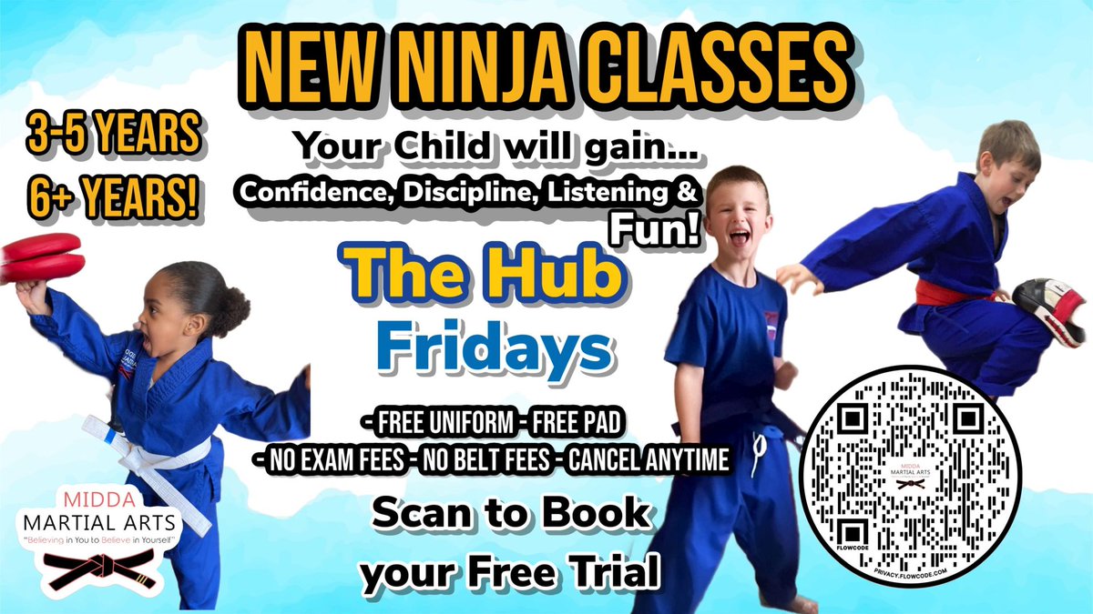 Are you looking for a martial arts program for your kids!!

Midda Martial Arts is here at The Hub every Friday!!

Scan to book your free trial today!!