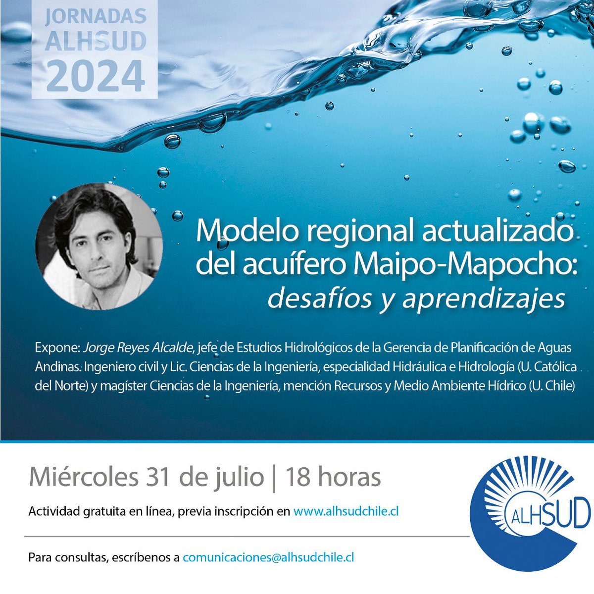 💻 Webinario💧Modelo regional actualizado del acuífero Maipo-Mapocho: desafíos y aprendizajes
🗓 31/07 
⌚ 18 h
➡ Inscripción: bit.ly/3gnEaSc
✅ info: n9.cl/jkam3
 🗣 Expone: Jorge Reyes, jefe Estudios Hidrológicos  Gerencia Planificación de <a href="/aguas_andinas/">Aguas Andinas</a>