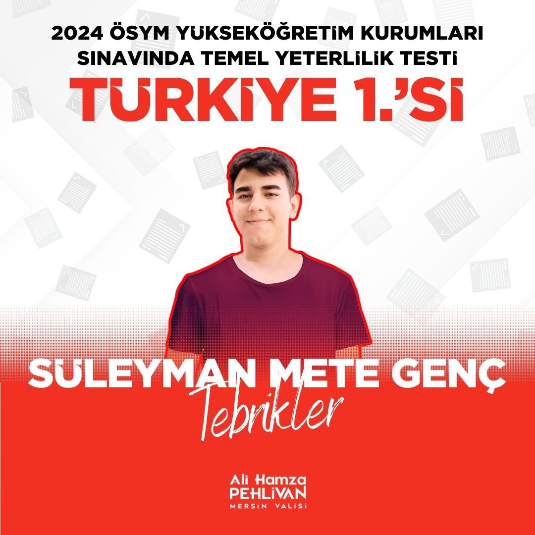 ahpehlivan53's tweet photo. Yükseköğretim Kurumları Sınavında(YKS), Temel Yeterlilik Testinde (TYT) bütün soruları doğru cevaplamak suretiyle tam puan alan ve Türkiye 1.’si olan #Mersin’imizin evladı, sevgili öğrencimiz Süleyman Mete Genç’i yürekten tebrik ediyorum.👏👏
Başarılarının artarak devamını diliyorum.

Başarıya giden yolda öğrencimize destek olan kıymetli ailesine ve kıymetli öğretmenlerine ayrıca teşekkür ediyorum. 

Bu vesileyle YKS sınavlarına giren bütün öğrencilerimizi kutluyorum.
Başarılarının daim olmasını temenni ediyorum.

#YKS
#TYT
#Mersin 🇹🇷