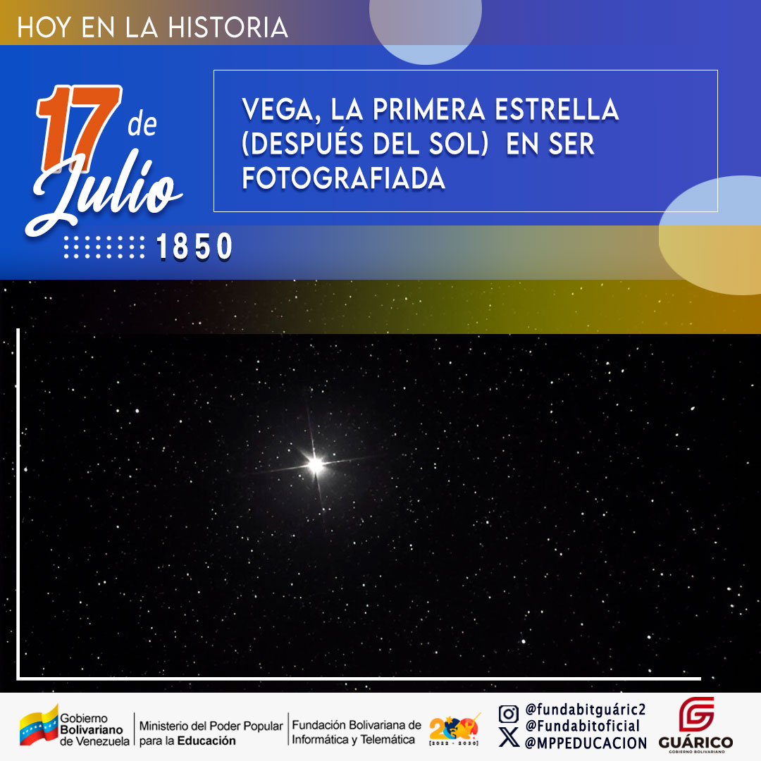 fundabitguaric2's tweet photo. En 1850, Vega se convirtió en la primera estrella (después del Sol) en ser fotografiada por William Bond y John Adams Whiple en el Observatorio del Colegio de Harvard, una de las estrellas mejor estudiadas de la historia.
@NicolasMaduro @_LaAvanzadora @Fundabit_ 
#VenezuelaSegura https://t.co/E9DA7eiweq