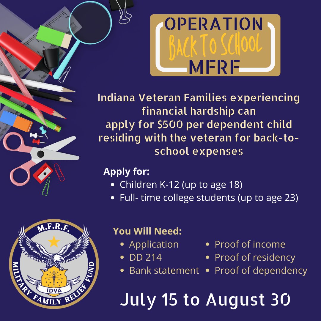 SCMS_Pacers's tweet photo. @switzsc Indiana Veteran Families that are experiencing financial hardship can apply for $500 per dependent child residing with the veteran for back to school expenses. See attached flyer for more info. https://t.co/E3isQ8GFQK