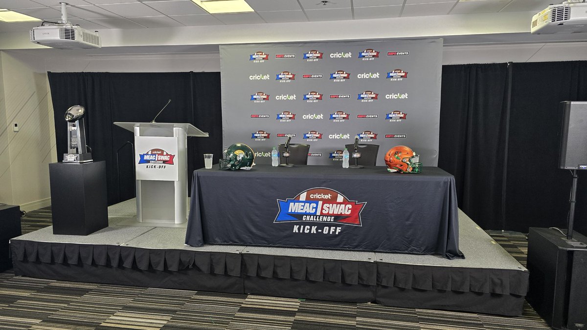 MyBCSN1's tweet photo. On location for the @MEAC_SWAC Kickoff Press Conference to hear @FAMU_FB Coach James Colzie, III, and @NorfolkStateFB Coach Dawson Odums. #NorfolkState #FAMU #MEAC #SWAC #CenterParcStadium https://t.co/PonEuKrhiP
