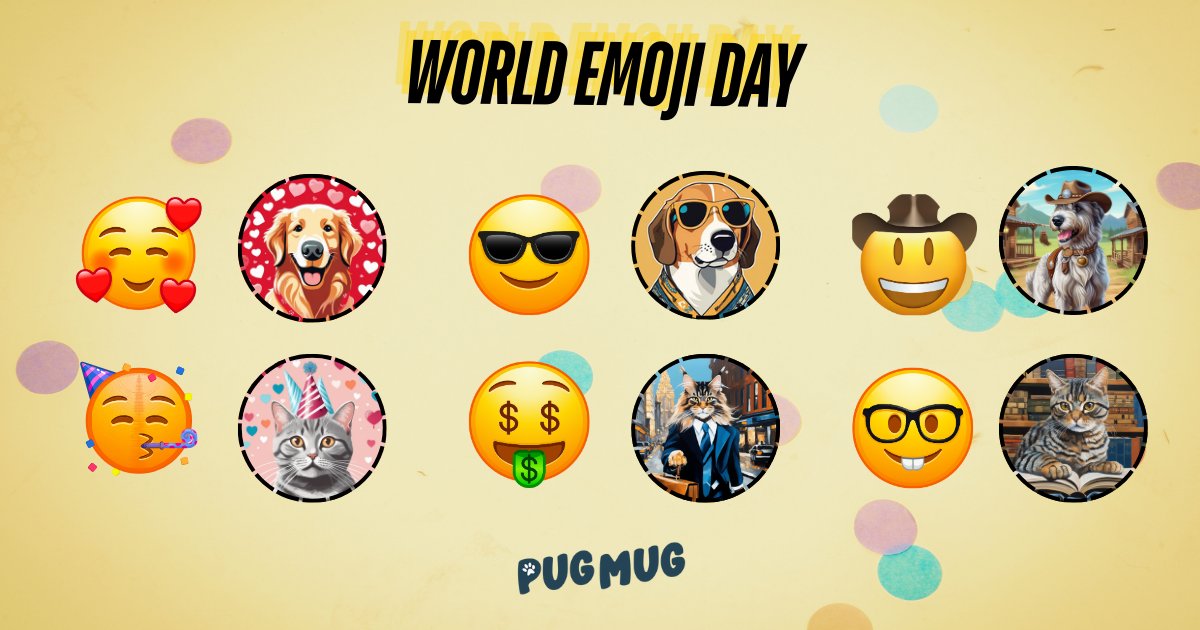 pugmugai's tweet photo. July 17th is World Emoji Day! 😻🎉🐶

We used our imagination to think of how some of our favorite emojis could look if they were PugMug portraits. 😂

Which emoji would you use to describe your favorite portrait of your pet? 

#pugmugai #worldemojiday #petemoji #petart https://t.co/WTy8zepQ0M