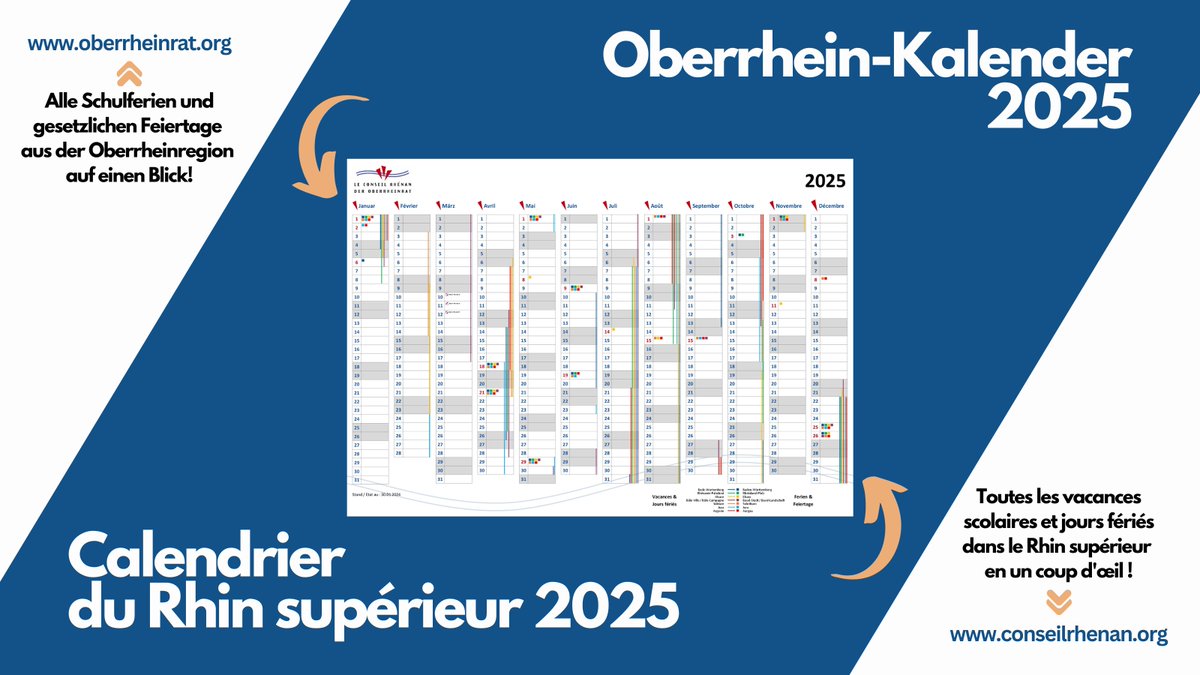Erleichtern Sie Ihre grenzüberschreitende Terminplanung mit dem Oberrhein-Kalender! 
👉oberrheinrat.org/de/service/dow…

Facilitez votre planning transfrontalier avec le calendrier du Rhin supérieur !
👉conseilrhenan.org/fr/services/