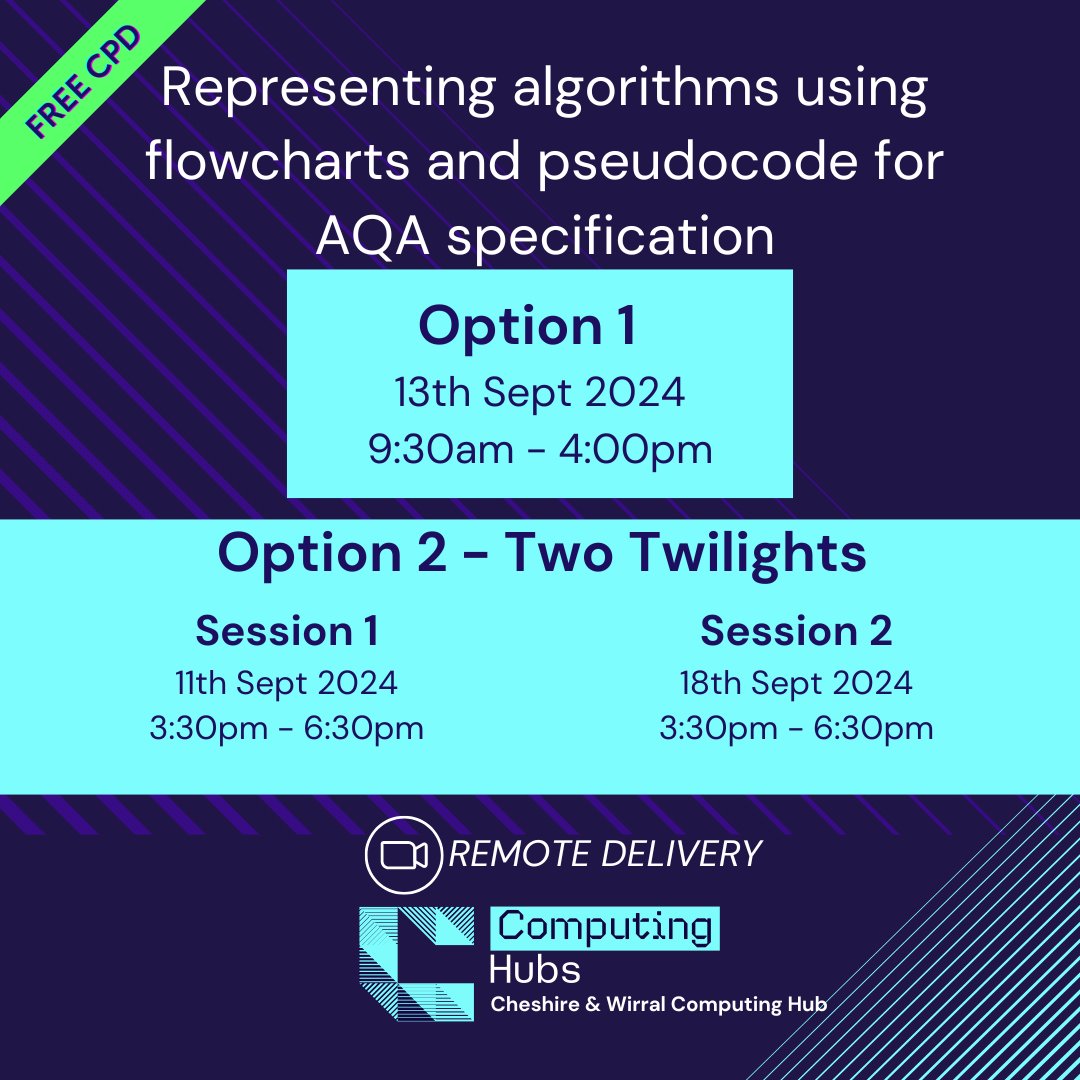 💻 Representing algorithms using flowcharts and pseudocode for AQA specification.
#FREE #CPD for state-funded schools.
You’ll develop knowledge of algorithms up to GCSE teaching!
🎟 Book Option 1: stem.org.uk/cpd/537597/rep…
🎟 Book Option 2: stem.org.uk/cpd/537596/rep…