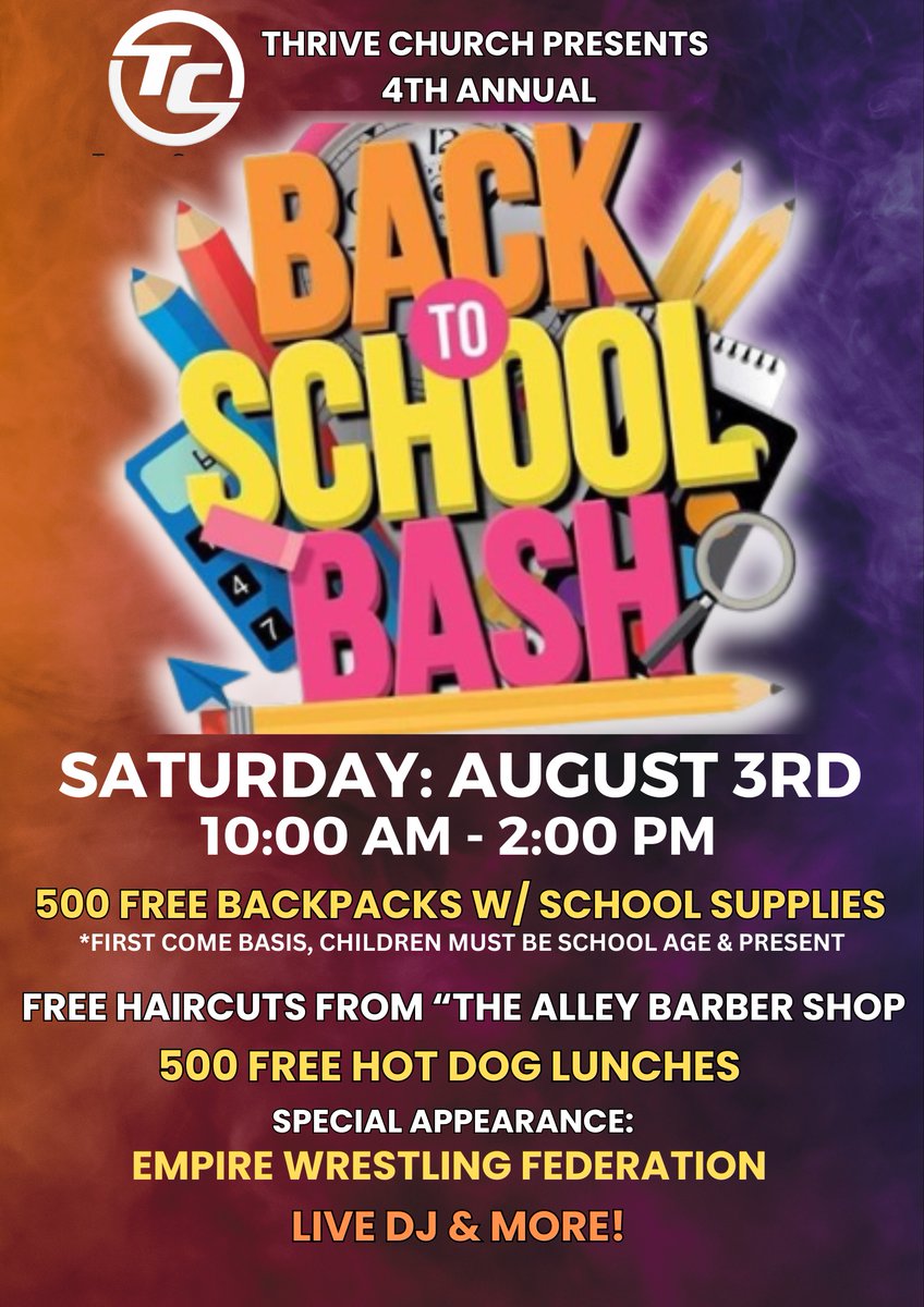 BanningUnified's tweet image. Don’t miss out on this amazing event!  Thrive Church will be hosting their 4th annual Back to School Bash on August 3rd.  See you there!  #BackToSchoolBash #ThriveChurch #FreeBackpacks #FreeHaircuts #HotDogLunches #CommunityEvent