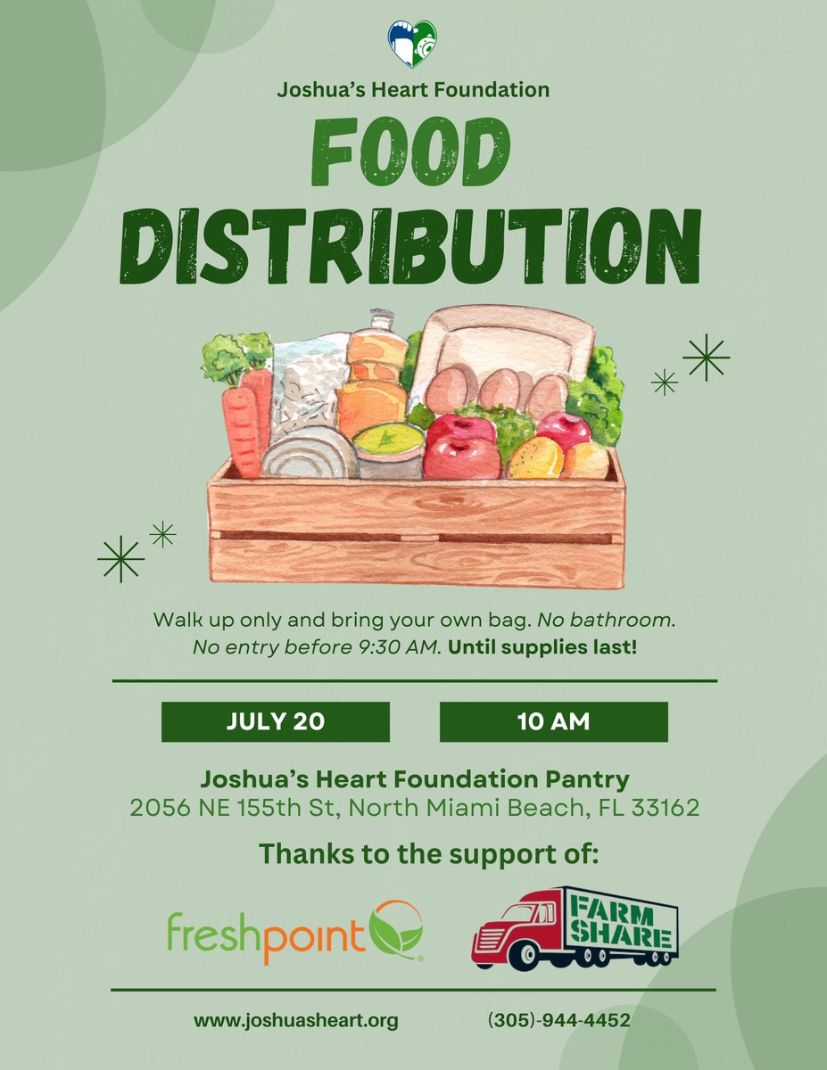 joshuasheart's tweet photo. 🥬 R U in need of groceries? Stop by the pantry 7/20! We will have groceries, personal Items etc. ⏰ 10 AM until supplies last. 🛍️ bring your own bag! @FarmShareFL 
 @FreshPointInc @CityNMB #joshuasheart #foodinsecurity #northmiamibeach #strongertogether #farmsharesfl #freshpoint https://t.co/dfYZknq4bc