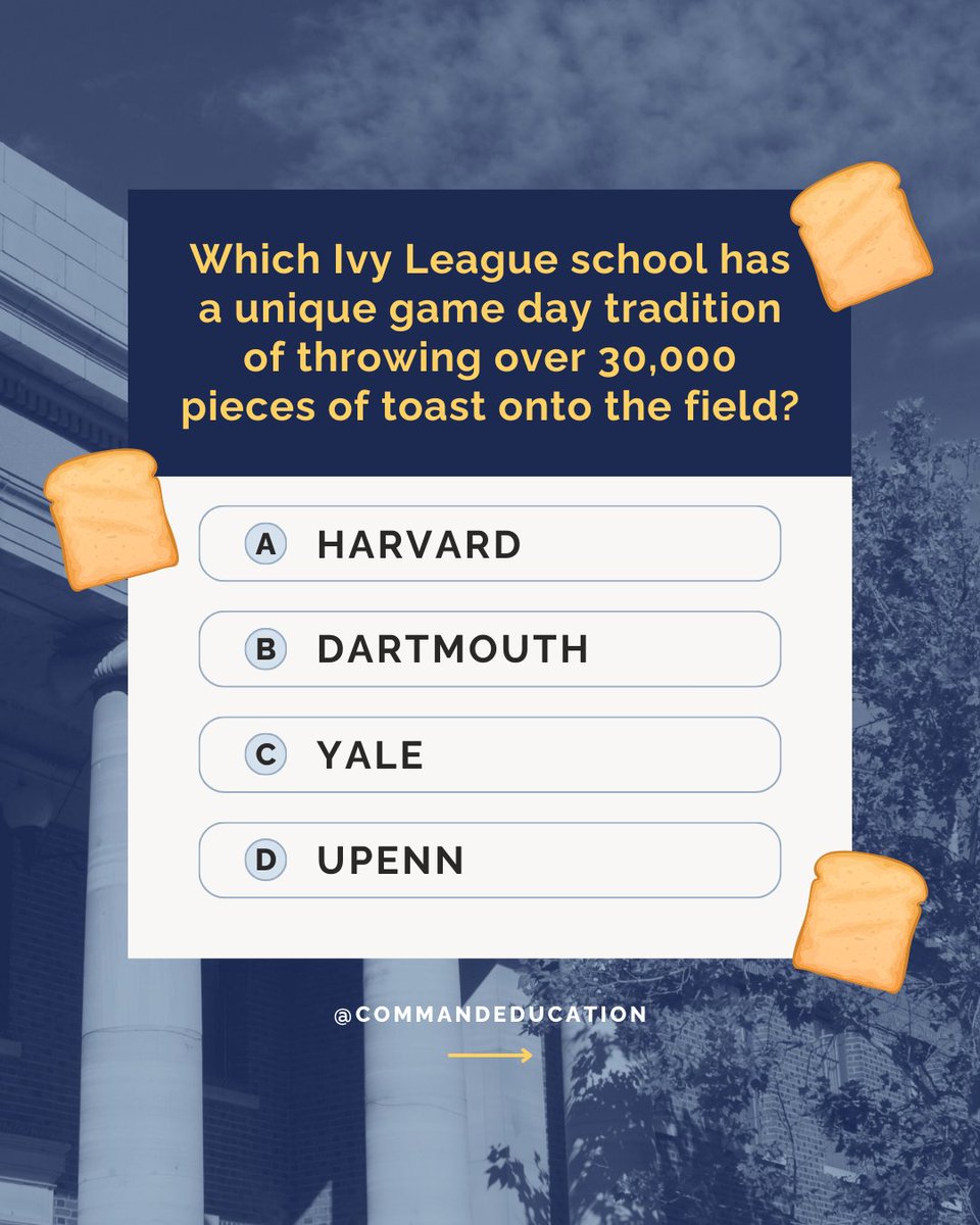 commandedu's tweet image. Quiz time! ⏲️📝How well do you know your Ivy League Traditions? Swipe to test yourself!

#IvyLeagueTraditions #CollegeQuiz #IvyLeagueTrivia #IvyLeague  #QuizChallenge #SchoolSpirit #IvyLeagueHistory #CollegeKnowledge #CampusTraditions