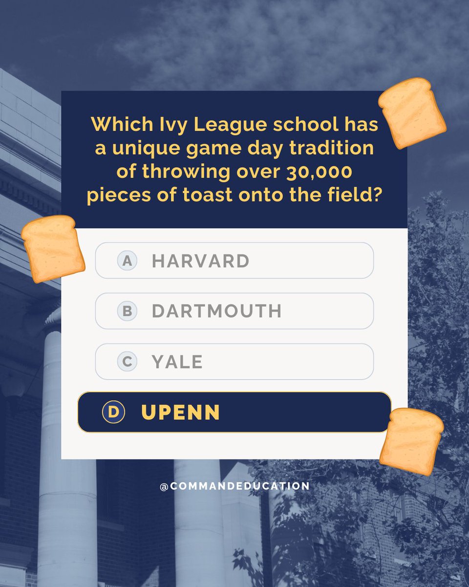 commandedu's tweet image. Quiz time! ⏲️📝How well do you know your Ivy League Traditions? Swipe to test yourself!

#IvyLeagueTraditions #CollegeQuiz #IvyLeagueTrivia #IvyLeague  #QuizChallenge #SchoolSpirit #IvyLeagueHistory #CollegeKnowledge #CampusTraditions
