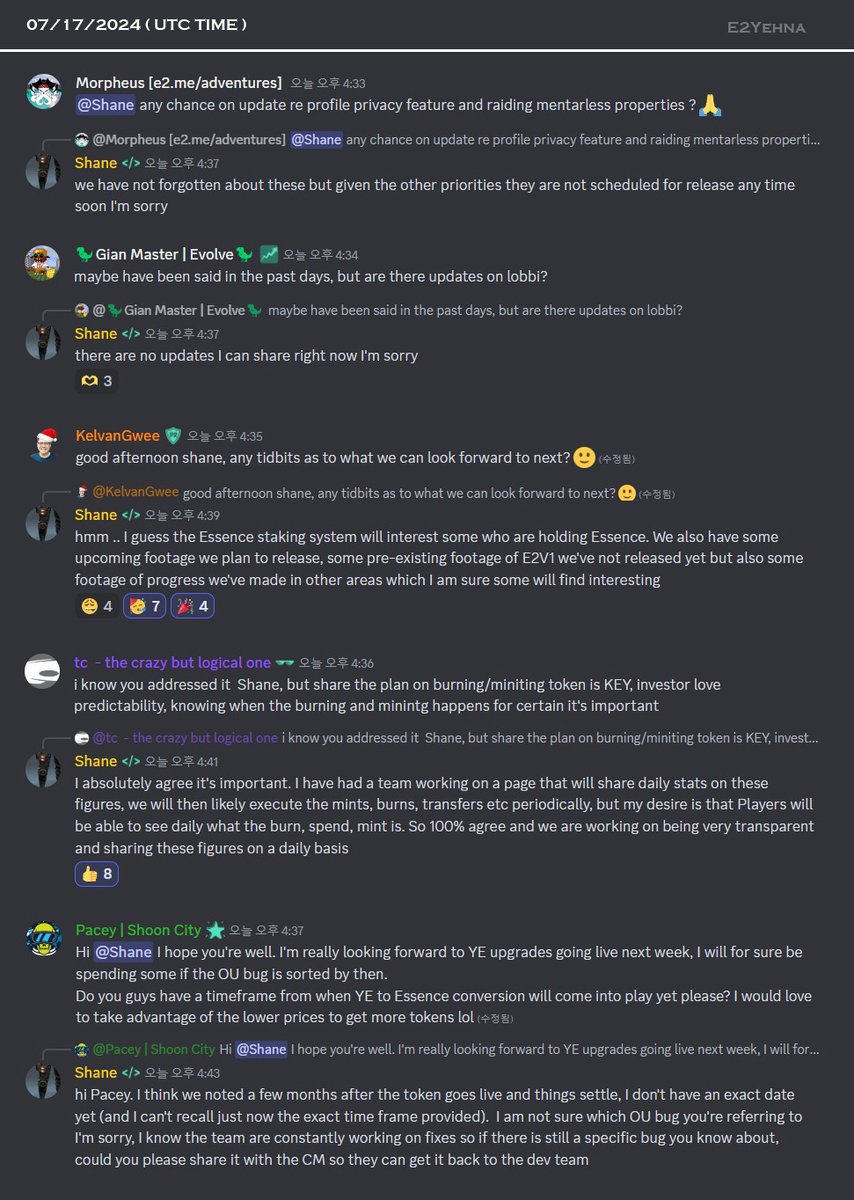 E2Yehna's tweet photo. <Discord Q&A Recap_ 7/17/2024 UTC Time>

- There is an existing video of E2V1 that has not been released on the list of future updates and a video showing progress, a staking system (related to ether). *Staking essence in mentar.*

-E2Team will create a page to share daily statistics on the figures such as token issuance, incineration, and transfer.

-Those who are invited to the Free Alpha, will initially be held behind closed doors and will be subject to the NDA.

#Earth2 #E2fam #E2 #Metaverse #Web3 #Web3Metaverse $ESS #Web3Gaming #Token #GameFi