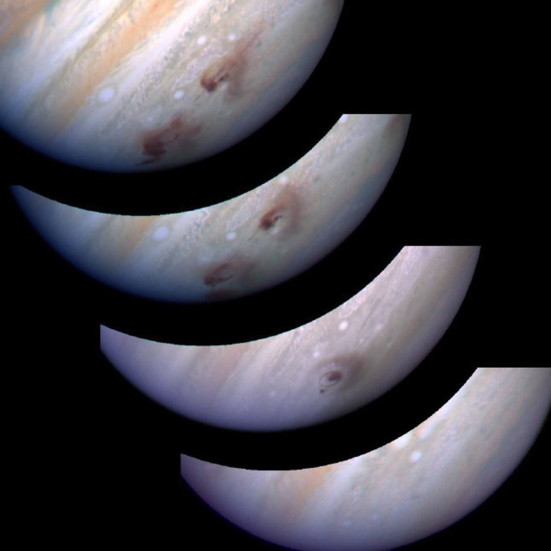 Four stacked images of Jupiter, from bottom to top: 1) Jupiter with a puff of bright light near its limb. 2) The deep maroon scar of the impact is visible against the stripes of Jupiter's clouds. 3) The impact scar is larger with two distinct regions. 4) The impact scar is becoming more diffuse. 