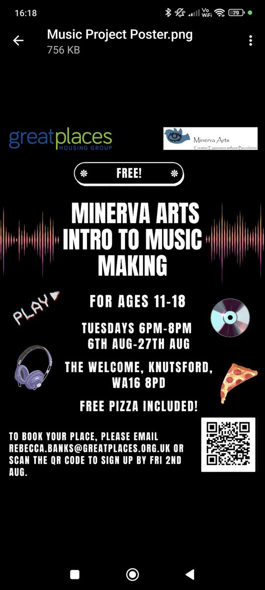 Minerva Arts have teamed up with Great Places Housing to offer FREE Music Making sessions in August for young people in Knutsford aged 11-18!

Tuesdays 6pm-8pm from 6th Aug - 27th Aug at The Welcome, Knutsford. 

Sing up now using the email provided or scan the QR code!
