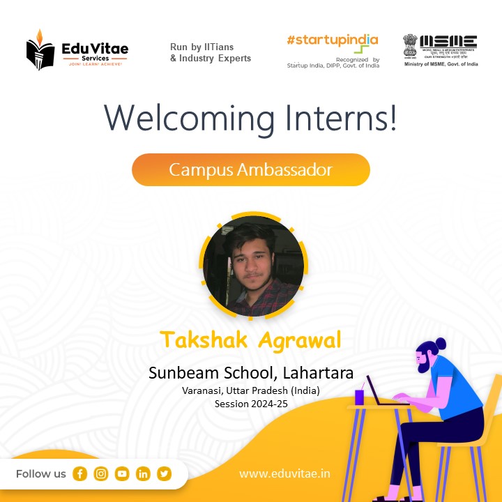 evs_services's tweet photo. Join us in welcoming Takshak Agrawal🎉 
Get ready to inspire your peers, lead with confidence, &amp; create unforgettable experiences. 
#CampusAmbassador #Welcome #students #EduVitae #EVSIndia #CAProgram #Session2425 

Want to be part of this journey? Apply: https://t.co/bWsVXT1fwo https://t.co/uJztIb1End