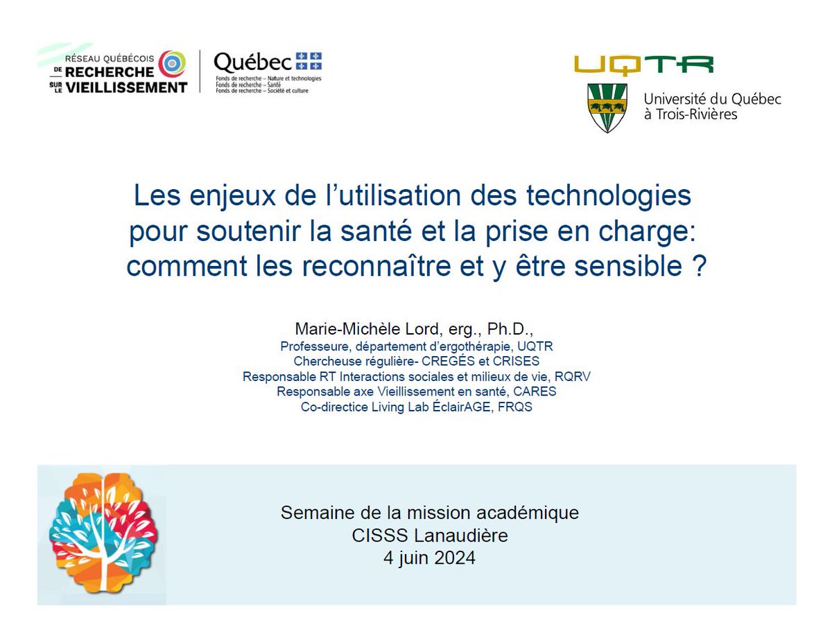 Le 4 juin, Marie-Michèle Lord a présenté une conférence sur les enjeux de l’utilisation des technologies pour soutenir la santé lors de la Semaine de la mission académique et de la recherche (SMAR) du @CISSSLanaudiere: vimeo.com/956581050/57de…