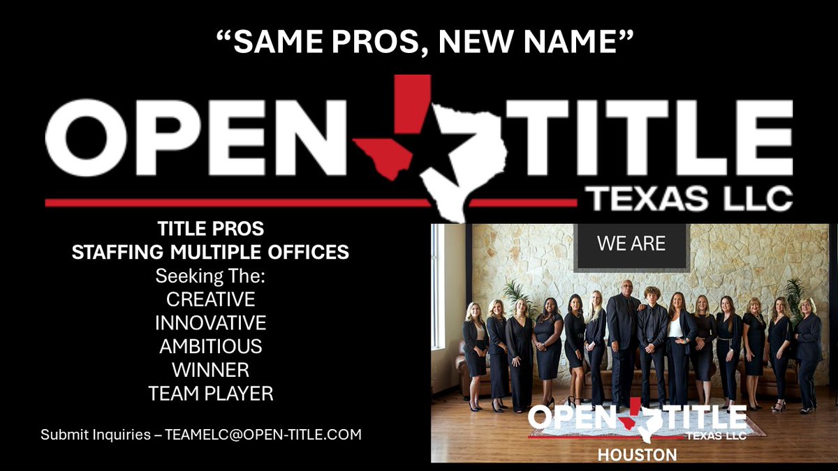 ELCREUShow's tweet photo. Seeking More Pros, for Growth and Expansion, for the following markets-Metropolitan Houston, DFW, Austin, San Antonio, El Paso, McAllen. Submit inquiries to teamelc@open-title.com https://t.co/KENBYZACjD
