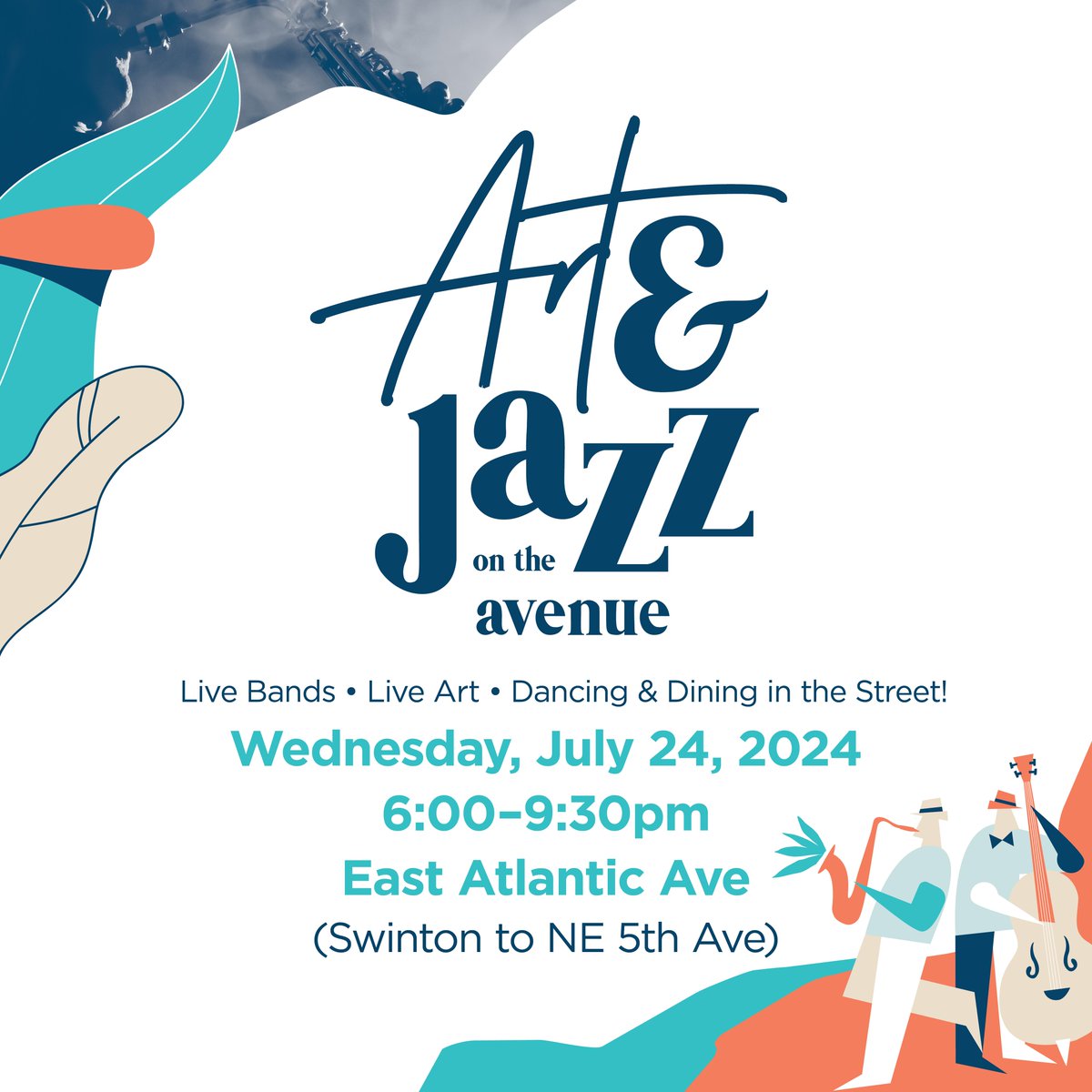 🎷 ONE WEEK UNTIL #ArtandJazzontheAvenue! 🎷 

Join the <a href="/DelrayDDA/">Delray Beach Downtown Development Authority</a> for our signature street event on Wednesday, July 24th from 6:00pm - 9:30pm on East Atlantic Avenue between Swinton Ave and NE 5th Avenue (Federal Hwy) in #DowntownDelray.

MORE INFO HERE: downtowndelraybeach.com/artandjazz