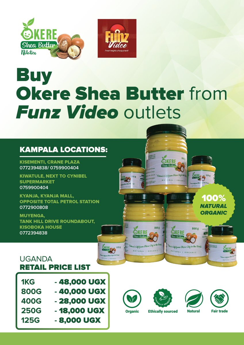 OkereCity's tweet image. For 4yrs now, we have working with @Funzvideo as our Kampala sales partner. From their 4 locations around Kla, you can always get any size of #OkereSheaButter. #staymoisturized. #stayentertained.