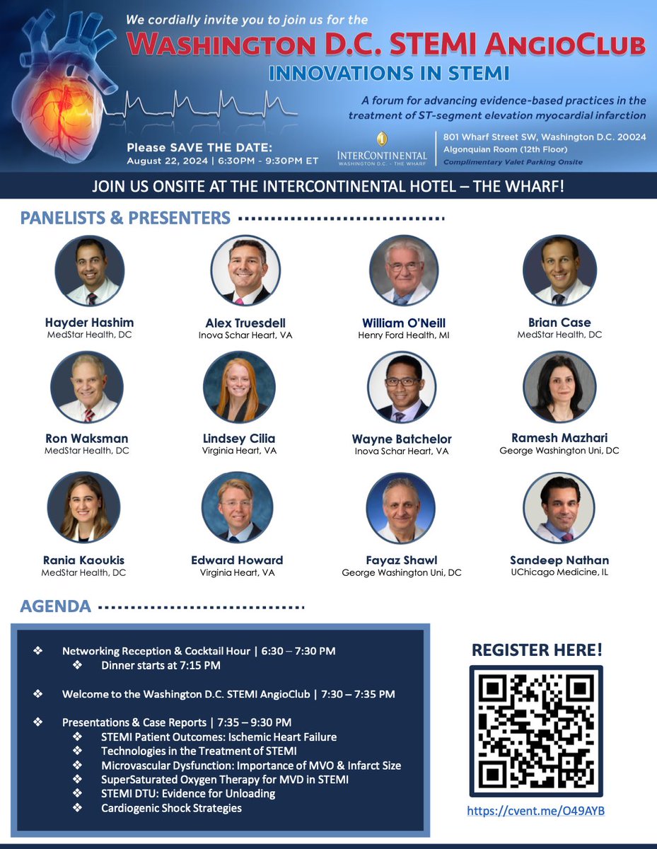 Please join us Thursday, August 22nd for the DMV STEMI AngiogClub: Innovations in STEMI. Should be a fun night!  

Register Link -&gt; web.cvent.com/event/f8204516…