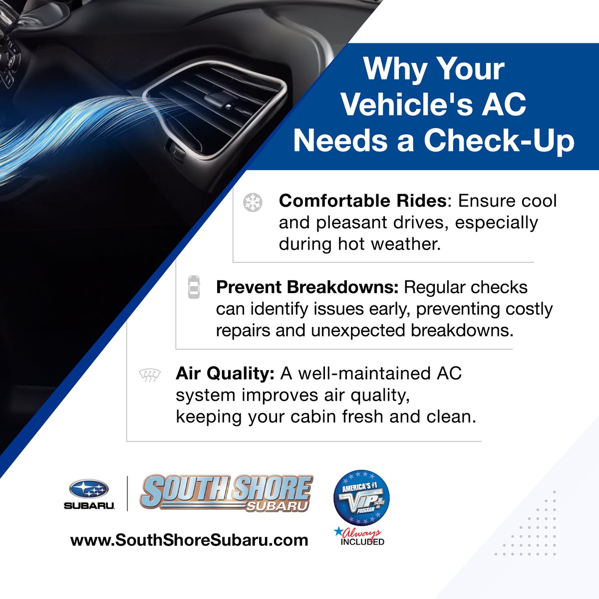 ShoreSubaru's tweet image. ❄️🚗🔧 Here are some reasons your vehicle’s AC needs a check-up!

💻 SCHEDULE YOUR SERVICE
🌐 SouthShoreSubaru.com
📞 631-825-1400

#ACCheckUp #CarMaintenance #ComfortFirst #LongIsland #NassauCounty #NewYork #NY #NYC #SouthShoreSubaru #Subaru #SubaruUSA #SuffolkCounty