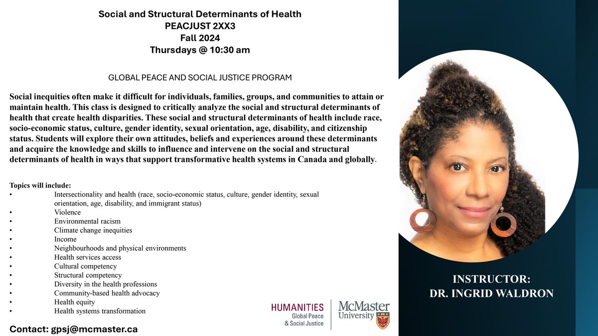 I will be teaching the Social and Structural Determinants of Health this fall on Thursdays at 10:30 am.