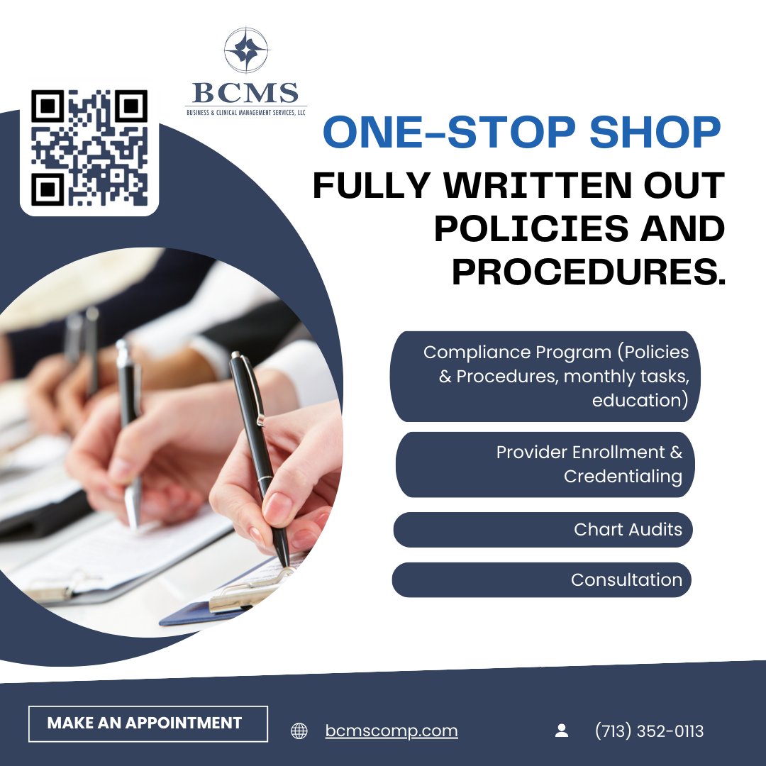 Business & Clinical Management Services, LLC (@bcmscomp) on Twitter photo Scan our QR code or visit our website to book our "Free Outpatient Therapy Compliance Program Overview"
loom.ly/r34xXZc
Business & Clinical Management Services
📲 (713) 899-9812
✉️ nevinsa@bcmscomp.com Scan our QR code or visit our website to book our "Free Outpatient Therapy Compliance Program Overview"
loom.ly/r34xXZc
Business & Clinical Management Services
📲 (713) 899-9812
✉️ nevinsa@bcmscomp.com