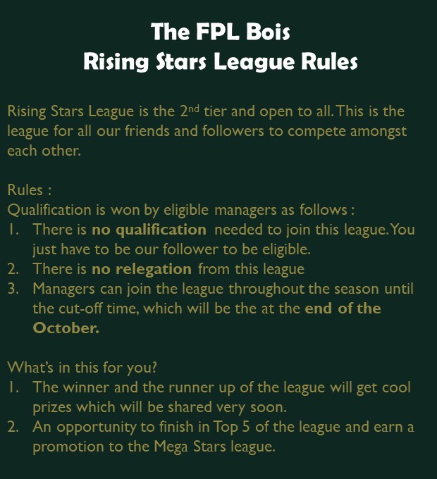 thefplbois's tweet image. 🥁ANNOUNCEMENT🥁
We are now launching the Rising Stars Mini League which is OPEN FOR ALL our followers.
If you would like to join the league, all you need to do is -
Follow us ✅
Retweet this post ✅
and we will DM the league code to you :)
#FPL #FPLCommunity…