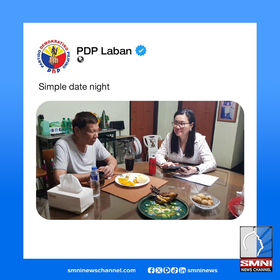 smninews's tweet photo. TINGNAN | Ibinahagi ng PDP-Laban ang larawan ng 'simple date night' nina dating Pang. Rodrigo Duterte at ng kanyang maybahay na si Honeylet Avanceña https://t.co/uSMv7s8bys