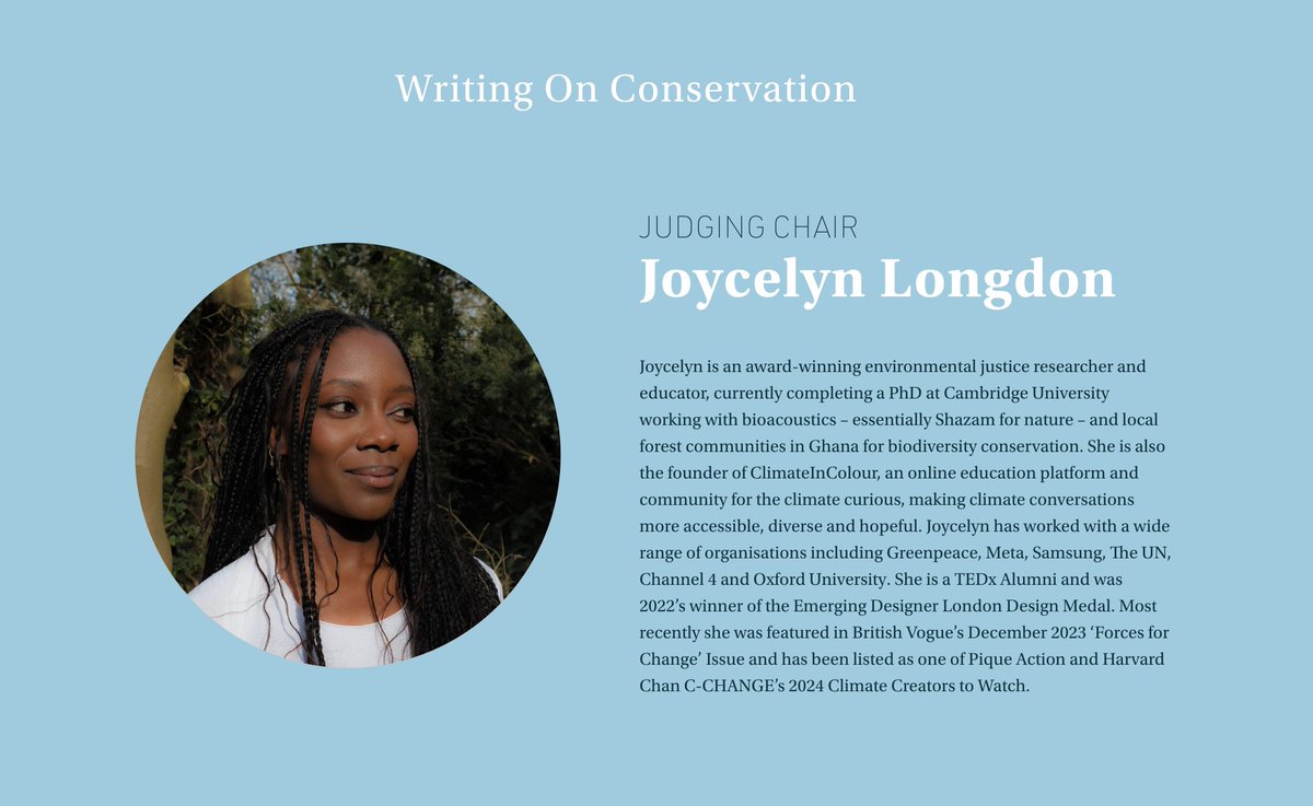 Joycelyn Longdon (@joycelynlongdon) on Twitter photo I am very excited to have been appointed as Chair of the Conservation Category for this year's <a href="/wainwrightprize/">The Wainwright Prize</a>. It is an honour to read so many wonderful, innovative and inspiring books, and I can't wait to connect with the other judges ahead of the awards ceremony later this I am very excited to have been appointed as Chair of the Conservation Category for this year's <a href="/wainwrightprize/">The Wainwright Prize</a>. It is an honour to read so many wonderful, innovative and inspiring books, and I can't wait to connect with the other judges ahead of the awards ceremony later this