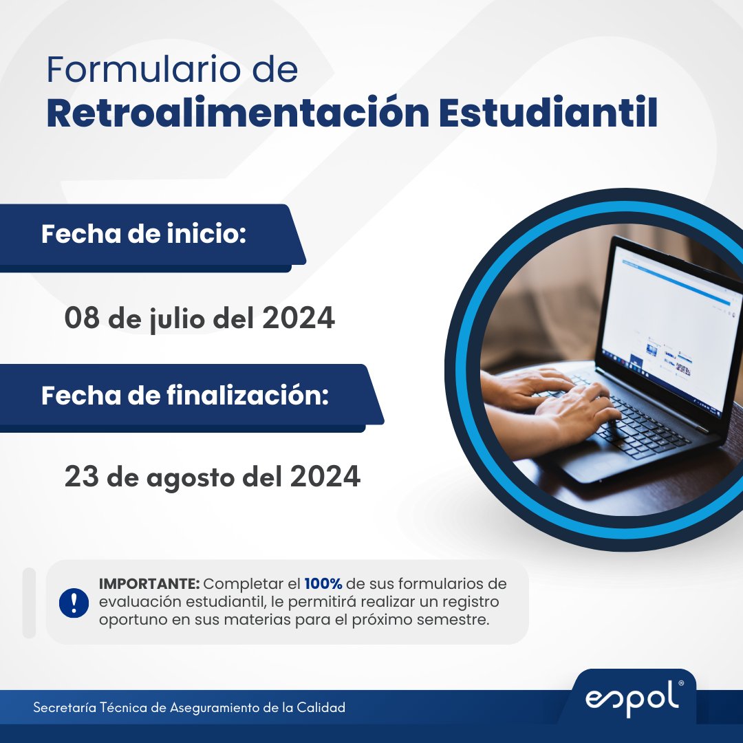 📢¡Atención Estudiantes!
Ya se habilitaron los formularios de Retroalimentación Estudiantil📃☑️

Accede desde una computadora al #AulaVirtual 💻

🔔 ¡Recuerda que debes completar todos los formularios hasta el 23 de agosto! 📆

#Espol #AulaVirtual #Retroalimentación