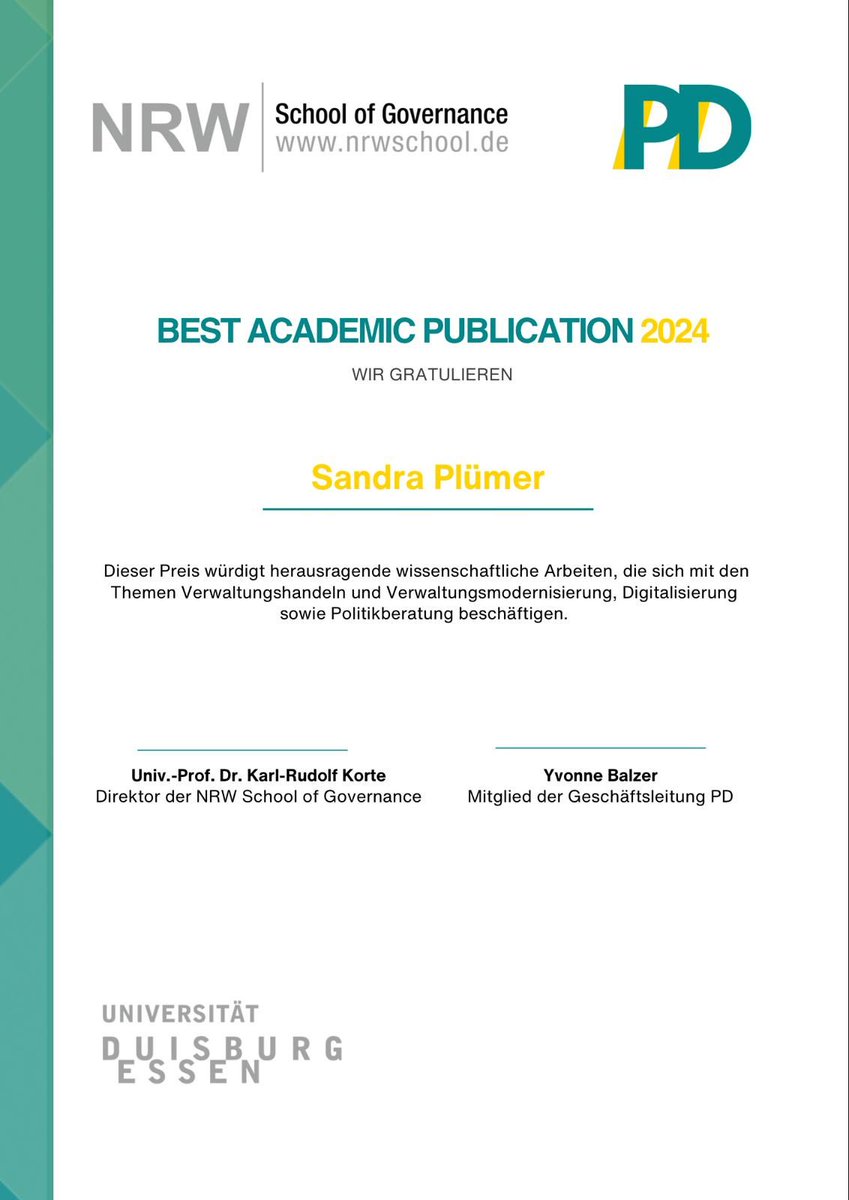 Delighted to have received the "best academic publication award 2024" for my dissertation on policy learning from @nrw_sog &amp; the consulting company PD with a focus on the public sector. So good to hear that my work is appreciated and read by practitioners!