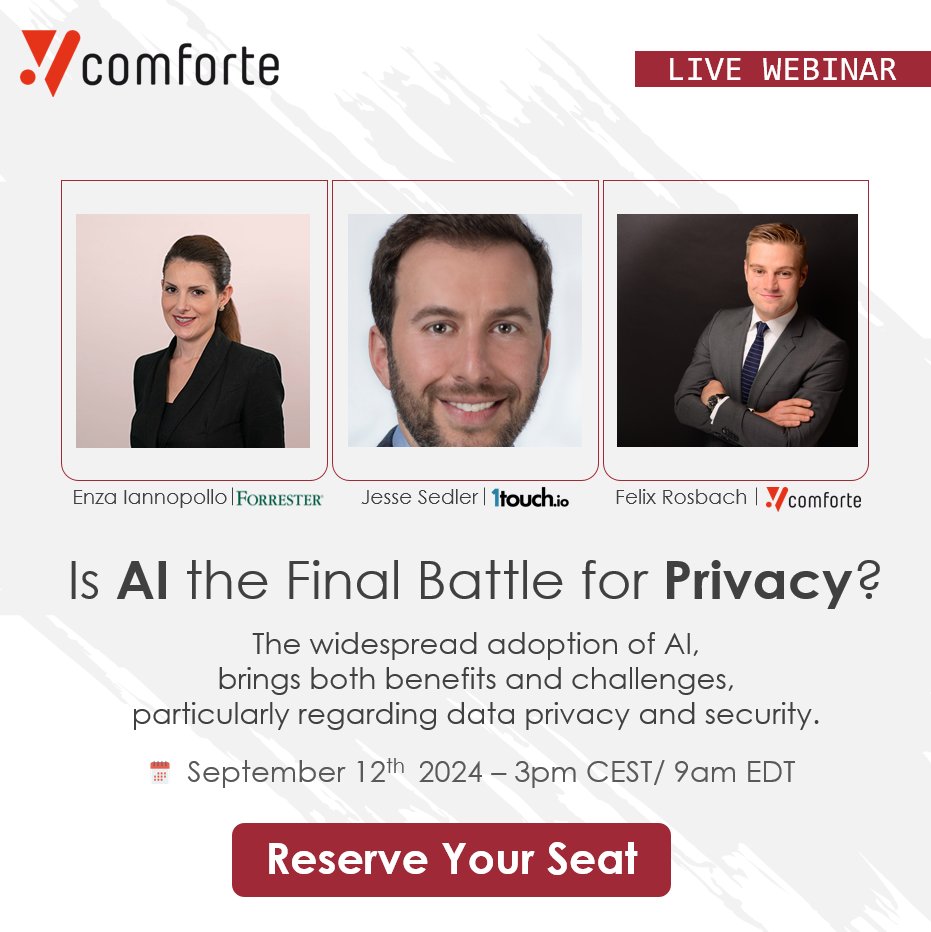 comforteAG's tweet photo. #Freewebinar: Ready for the ultimate showdown? Join us for an electrifying live webinar on the hottest topic: AI, Privacy, and Security!
Send your questions to [questions@comforte.com].
Register now! 
👉 https://t.co/B7TJJXR5P0 https://t.co/MK60YQowe6