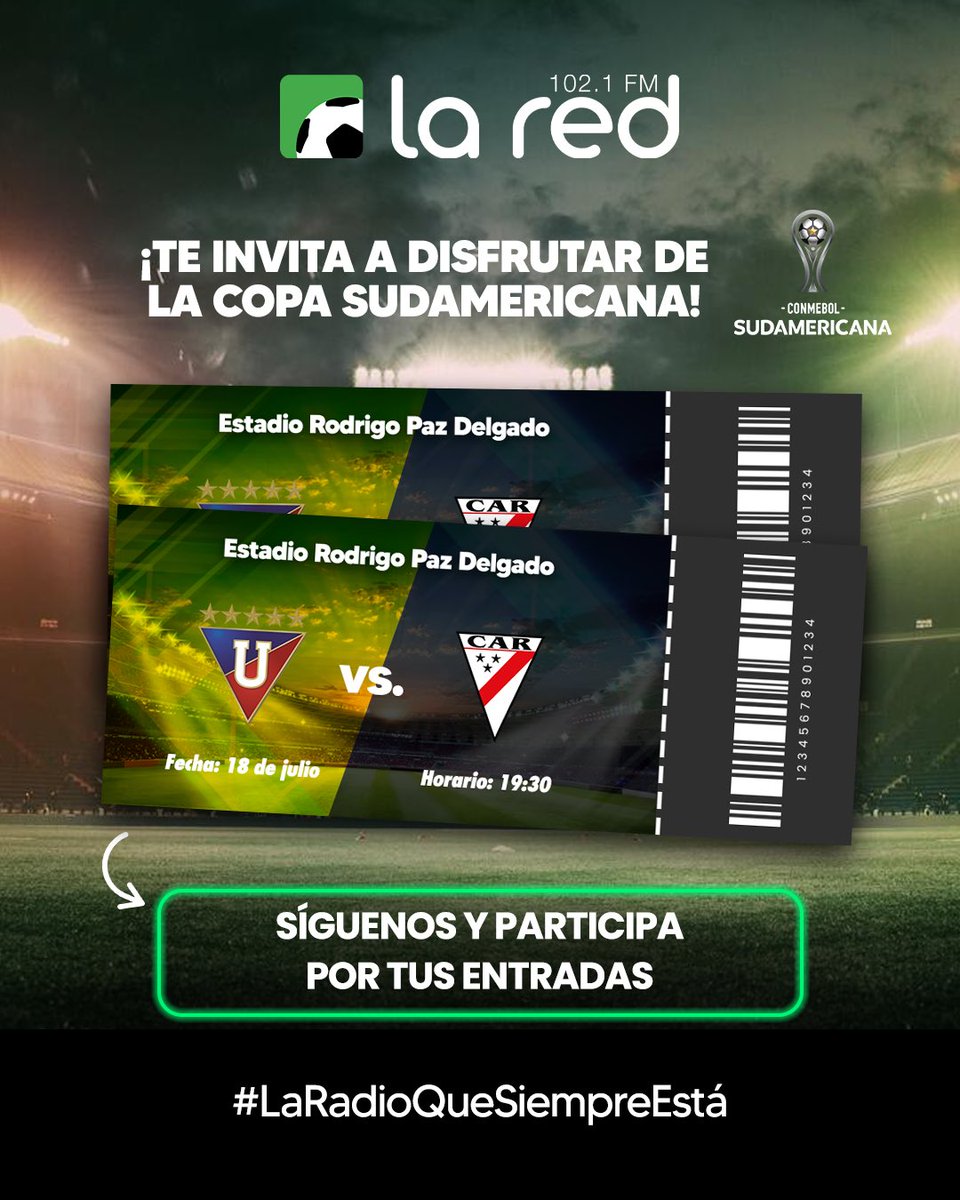 laredecuador's tweet photo. Sorteo de entradas ⚽️🔥 Nos vamos al estadio @LDU_Oficial vs @ClubAlwaysReady. Aquí las instrucciones: 

1. Síguenos La Red 
2. Comenta tu pronóstico 
3. Dale RT a este post 

#LaRadioQueSiempreEstá https://t.co/IS7oPYFTIM