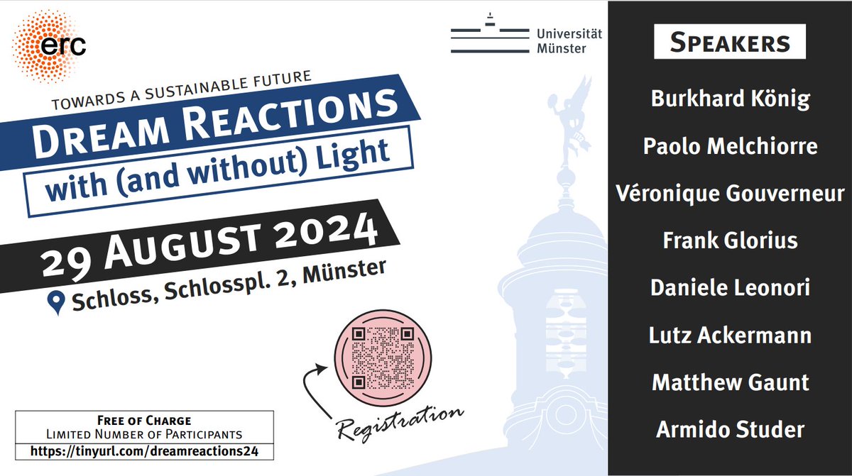 Glorius Group (@gloriusgroup) on Twitter photo Sustainability in Synthesis 🫱🏽🫲🏿
We are proud to announce we host this years "Dream reactions" symposium! <a href="/chem_pharm_ms/">Department of Chemistry and Pharmacy, Münster</a>
29.08. in Münster, save the date! 🗓️
You can still sign up, it´s free of charge! 🤩
tinyurl.com/dreamreactions…
<a href="/GDCh_aktuell/">GDCh</a> <a href="/ERC_Research/">European Research Council (ERC)</a> <a href="/uni_muenster/">Universität Münster</a> Sustainability in Synthesis 🫱🏽🫲🏿
We are proud to announce we host this years "Dream reactions" symposium! <a href="/chem_pharm_ms/">Department of Chemistry and Pharmacy, Münster</a>
29.08. in Münster, save the date! 🗓️
You can still sign up, it´s free of charge! 🤩
tinyurl.com/dreamreactions…
<a href="/GDCh_aktuell/">GDCh</a> <a href="/ERC_Research/">European Research Council (ERC)</a> <a href="/uni_muenster/">Universität Münster</a>