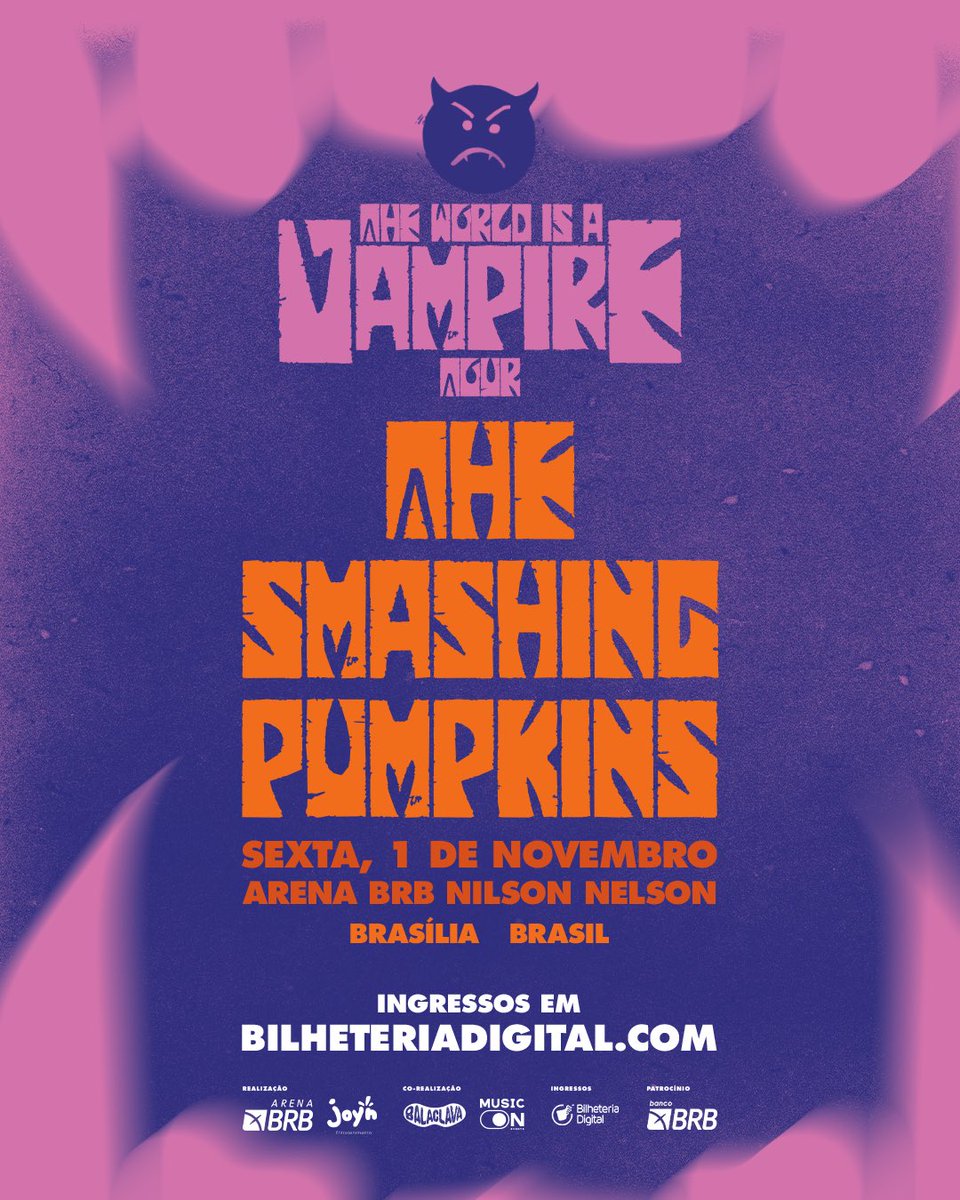 balaclavarecs's tweet photo. THE SMASHING PUMPKINS NO BRASIL!

"Today is the greatest day I've ever known" <3 A Balaclava Records, em parceria com a Music On Events, trazem ao Brasil a icônica banda norte-americana @SmashingPumpkin na turnê The World Is A Vampire! Formação mais que especial com Billy Corgan, James Iha e Jimmy Chamberlin no palco. Referência máxima do rock alternativo desde o início dos anos 1990.

As apresentações do grupo acontecem em Brasília, dia 01 de novembro, sexta-feira, na Arena BRB Nilson Nelson, e em São Paulo, dia 03 de novembro, domingo, no Espaço Unimed. Os ingressos para o show no @espacounimed estarão à venda a partir desta sexta-feira, 19.07, às 10h, através do site https://t.co/CoYO3YwFTs. Em Brasília, mais informações sobre ingressos em breve.

O repertório dos shows promete contar com duas horas de duração, trazendo clássicos de toda a discografia da banda até seus álbuns mais recentes. Já estamos ansiosos para ouvir ao vivo hinos como "1979", "Today", "Bullet with Butterfly Wings", "Disarm", "Tonight, Tonight", "Zero", "Perfect", "Cherub Rock", "Drown" e muitos outros hits da carreira.

Compartilhe essa notícia incrível e comente aqui no post, marcando as músicas que não podem faltar no setlist e quem não pode ficar de fora dessa noite histórica.

Patrocínio @heinekenbr 
Design local por Dimetrius Ferreira

#TheSmashingPumpkins #BillyCorgan #TheWorldIsAVampireTour #JamesIha #JimmyChamberlin #SmashingPumpkins #BalaclavaRecords #MusicOnEvents #EspacoUnimed