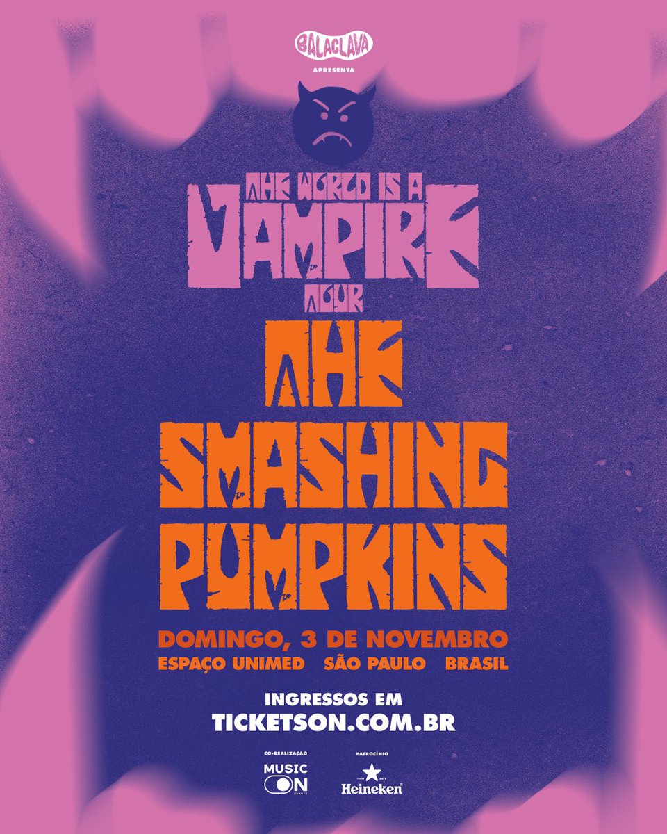 balaclavarecs's tweet photo. THE SMASHING PUMPKINS NO BRASIL!

"Today is the greatest day I've ever known" <3 A Balaclava Records, em parceria com a Music On Events, trazem ao Brasil a icônica banda norte-americana @SmashingPumpkin na turnê The World Is A Vampire! Formação mais que especial com Billy Corgan, James Iha e Jimmy Chamberlin no palco. Referência máxima do rock alternativo desde o início dos anos 1990.

As apresentações do grupo acontecem em Brasília, dia 01 de novembro, sexta-feira, na Arena BRB Nilson Nelson, e em São Paulo, dia 03 de novembro, domingo, no Espaço Unimed. Os ingressos para o show no @espacounimed estarão à venda a partir desta sexta-feira, 19.07, às 10h, através do site https://t.co/CoYO3YwFTs. Em Brasília, mais informações sobre ingressos em breve.

O repertório dos shows promete contar com duas horas de duração, trazendo clássicos de toda a discografia da banda até seus álbuns mais recentes. Já estamos ansiosos para ouvir ao vivo hinos como "1979", "Today", "Bullet with Butterfly Wings", "Disarm", "Tonight, Tonight", "Zero", "Perfect", "Cherub Rock", "Drown" e muitos outros hits da carreira.

Compartilhe essa notícia incrível e comente aqui no post, marcando as músicas que não podem faltar no setlist e quem não pode ficar de fora dessa noite histórica.

Patrocínio @heinekenbr 
Design local por Dimetrius Ferreira

#TheSmashingPumpkins #BillyCorgan #TheWorldIsAVampireTour #JamesIha #JimmyChamberlin #SmashingPumpkins #BalaclavaRecords #MusicOnEvents #EspacoUnimed