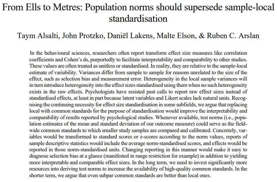 Taym Alsalti (@taymalsalti) on Twitter photo Hello friends and foes are you ready for some effect size standardisation discourse well too bad because you're getting it anyway! (unless you scroll away please don't)
Quick thread on a new commentary-like preprint with <a href="/JProtzko/">Protzko @protzko.bsky.social</a>, <a href="/lakens/">Daniël Lakens</a>, <a href="/maltoesermalte/">Malte Elson</a>, & <a href="/rubenarslan/">Ruben C. Arslan</a> Hello friends and foes are you ready for some effect size standardisation discourse well too bad because you're getting it anyway! (unless you scroll away please don't)
Quick thread on a new commentary-like preprint with <a href="/JProtzko/">Protzko @protzko.bsky.social</a>, <a href="/lakens/">Daniël Lakens</a>, <a href="/maltoesermalte/">Malte Elson</a>, & <a href="/rubenarslan/">Ruben C. Arslan</a>