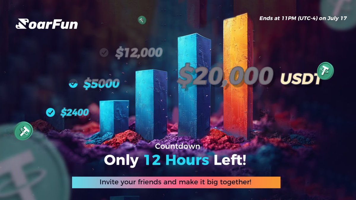 SoarFunToken's tweet photo. ⏰ Countdown: 12 Hours Left!
Invite your friends and let's aim for the $5,000 prize pool together! 🚀 https://t.co/24UYdkK03B