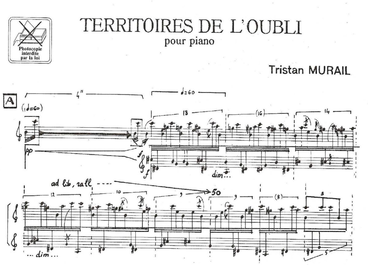 Territoires de l'Oubli (1977) is the most important piano work you've never heard of. It's a 27-minute showstopper where the sustain pedal is depressed the ENTIRE TIME! Murail envisions the piano as a massive resonating chamber, where the attacks of individual notes are secondary
