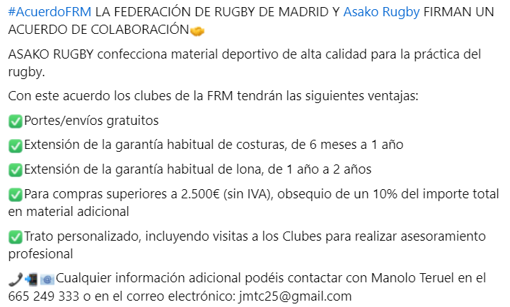 #AcuerdoFRM LA FEDERACIÓN DE RUGBY DE MADRID Y ASAKO RUGBY FIRMAN UN ACUERDO DE COLABORACIÓN🤝

Asako confecciona material deportivo de alta calidad para la práctica del rugby

#RugbyMadrid #NuestroRugby
