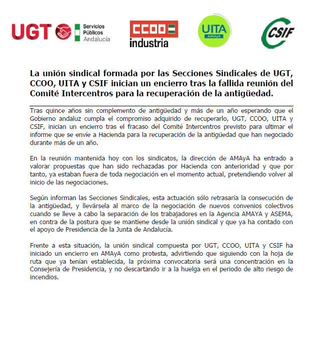 AmayaUgt's tweet photo. La unión sindical formada por las Secciones Sindicales de UGT, CCOO, UITA y CSIF inician un encierro tras la fallida reunión del Comité Intercentros para la recuperación de la antigüedad.
@AndaluciaAMAyA #AntiguedadAMAYA #VíaAndaluza
@antoniosanz @Plan_INFOCA @RamonFPM https://t.co/rLbXTiFW12