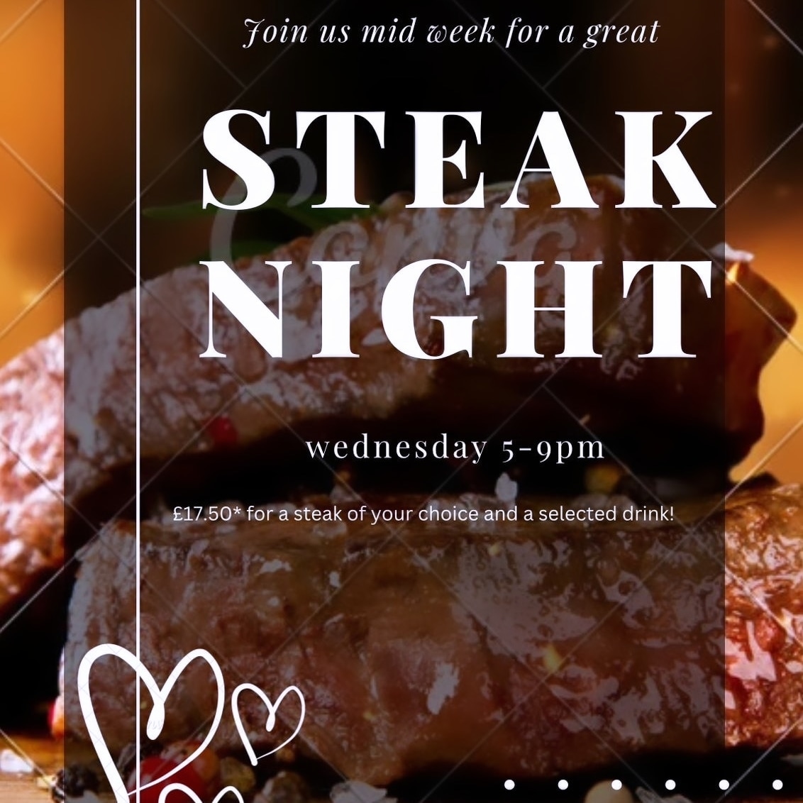 InnSully's tweet image. Steak night is nearly upon us! 😋

Choose an 8oz Ribeye or 8oz Sirloin with a selected drink for £17.50 or upgrade to a 14oz T-bone for an extra £2.50!🍷🍻🥩