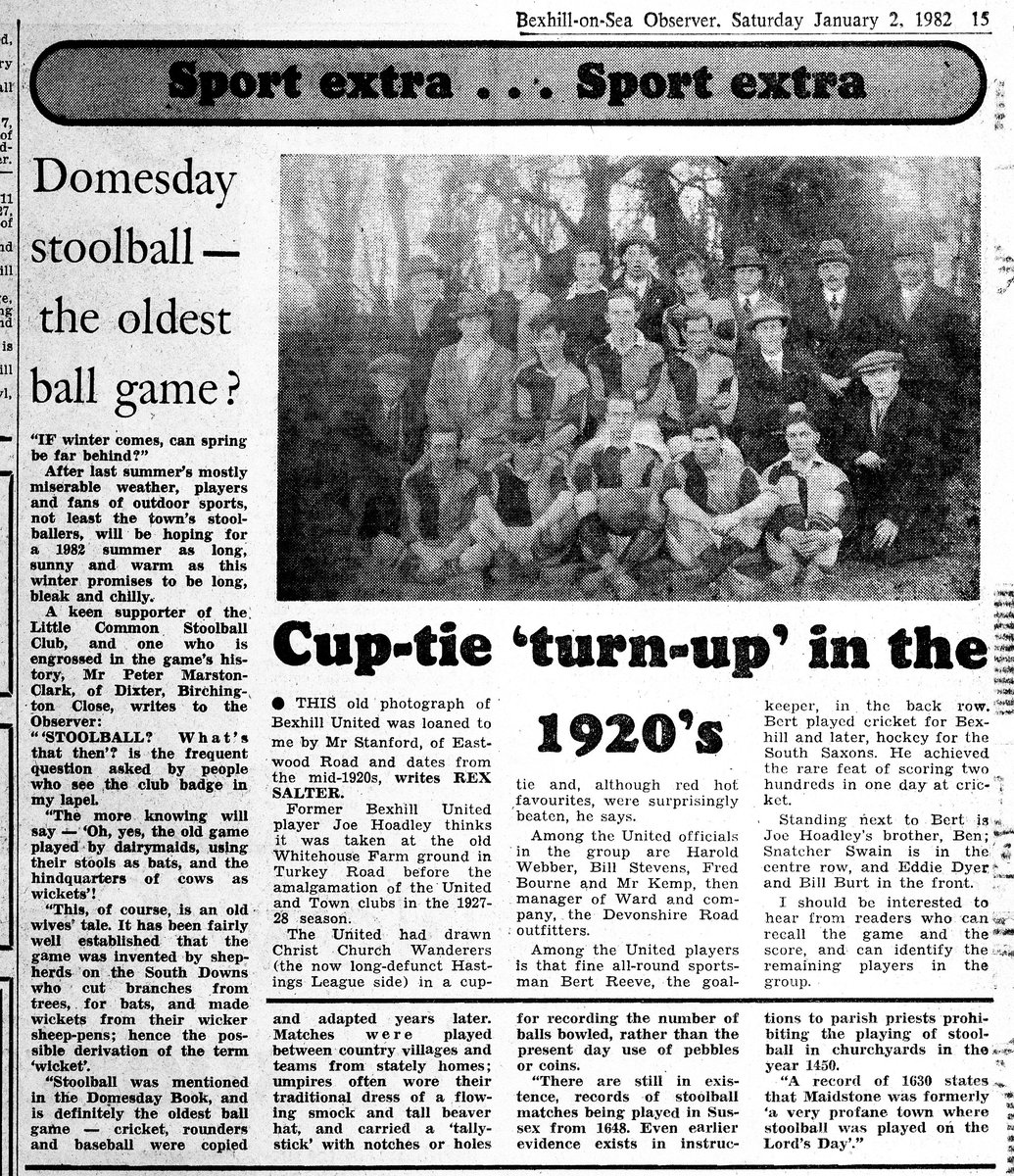 AnnieBrassey's tweet photo. "Domesday stoolball - the oldest ball game?...
Oh, yes, the old game played by dairymaids, using their stools as bats, and the hindquarters of cows as wickets'!" @BexhillObs 2.1.1982 & 30.6.1973. #WyrdWednesday #Stoolball #Bexhill #Sussex #Sport #History #1970s https://t.co/GKDw8HJluy