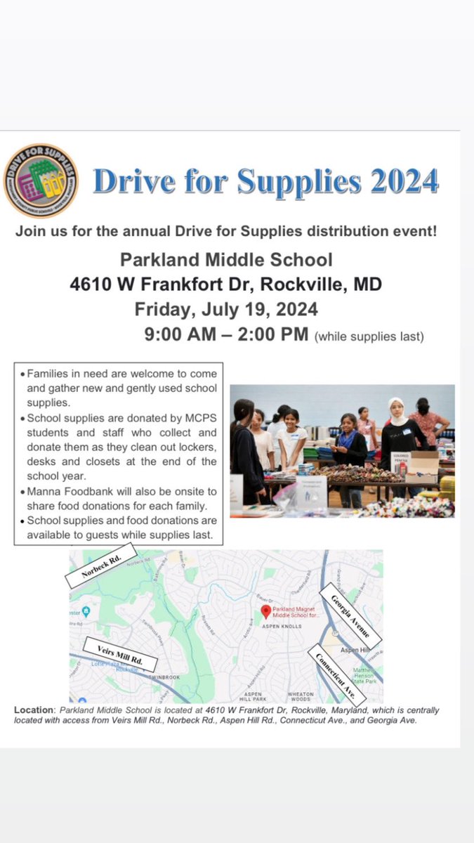 Aannual Drive for Supplies distribution event will take place at 
Parkland Middle School 
Friday, July 19th from 
9:00 a.m.–2:00 p.m. while supplies last. Families in need are welcome to come and grab new and gently used school supplies.
Please feel free to share this message