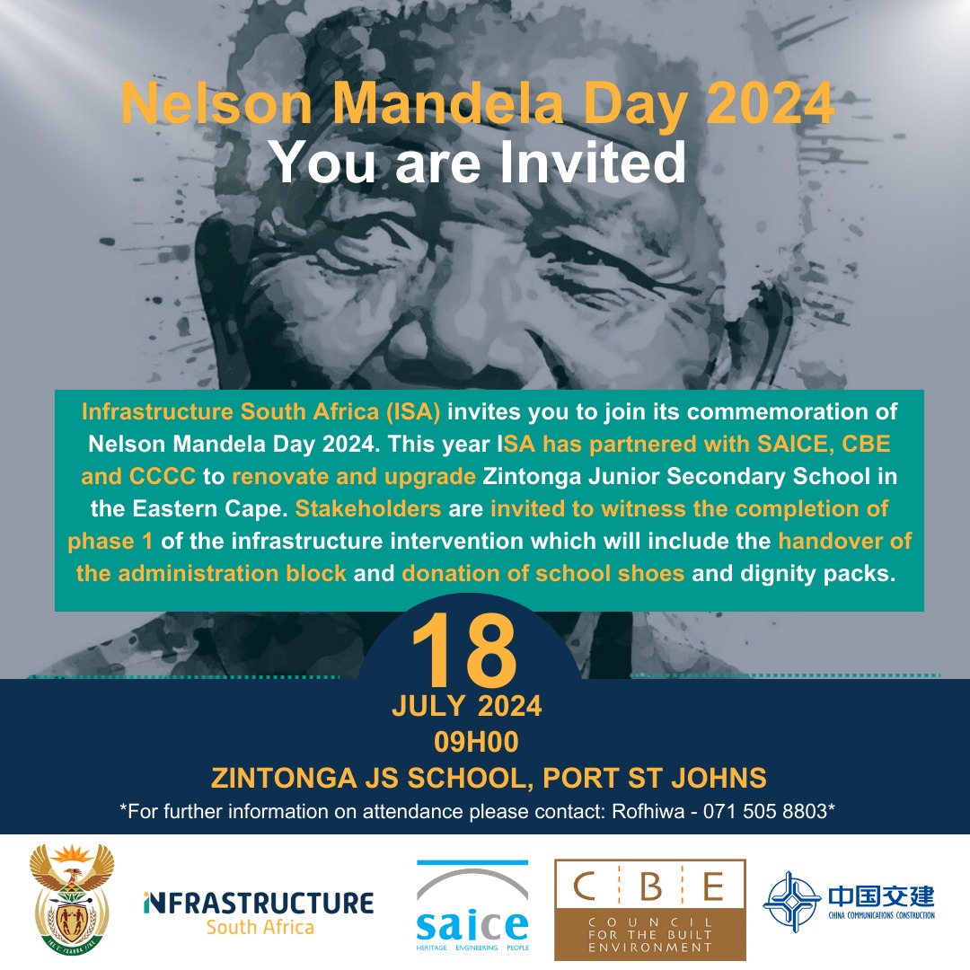 GovernmentZA's tweet photo. #MandelaDay | @infraSA_ invites you to join its commemoration of #NelsonMandelaDay. 

Stakeholders are invited to witness the completion of phase 1 of the infrastructure intervention which will include the handover of the administration block and donation of school shoes and dignity packs

#InternationalMandelaDay