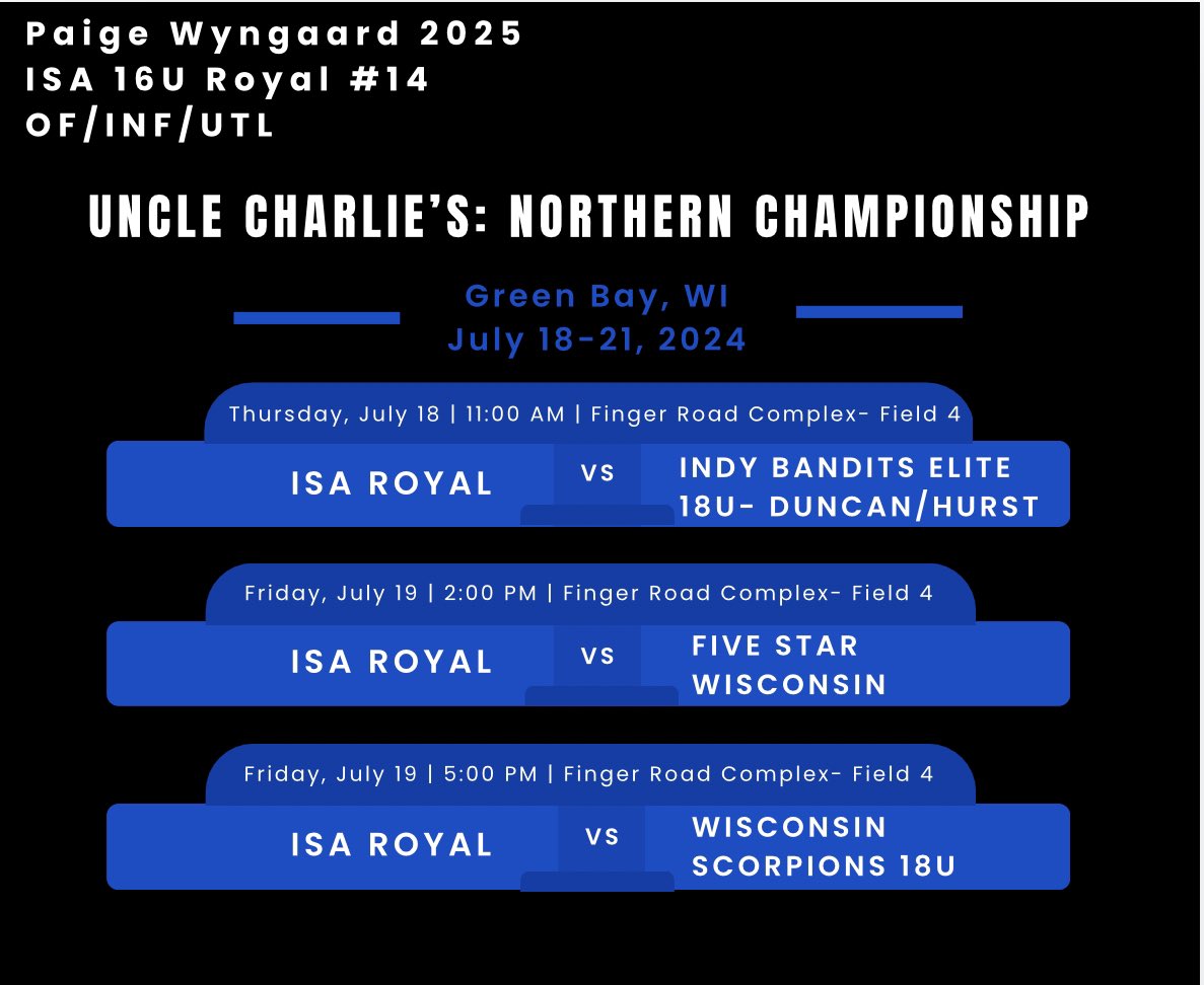 Paige Wyngaard 2025 (@paigewyngaard) on Twitter photo This weekend my team and I will be playing in Green Bay, WI in the Uncle Charlie’s: Northern Championship. Pool play games will be played at Finger Road Sports Complex. Here is my schedule! <a href="/ISA_Softball/">ISA Softball</a> <a href="/coachjenna/">JennaMarieLouise</a> <a href="/tgussert/">Tanner Gussert</a> <a href="/UWOSoftball1/">UW-Oshkosh Softball</a> <a href="/CSPBearsSB/">Golden Bear Softball</a> <a href="/AliNowak4/">Ali Nowak</a> <a href="/CoachGregJones1/">Greg Jones</a> This weekend my team and I will be playing in Green Bay, WI in the Uncle Charlie’s: Northern Championship. Pool play games will be played at Finger Road Sports Complex. Here is my schedule! <a href="/ISA_Softball/">ISA Softball</a> <a href="/coachjenna/">JennaMarieLouise</a> <a href="/tgussert/">Tanner Gussert</a> <a href="/UWOSoftball1/">UW-Oshkosh Softball</a> <a href="/CSPBearsSB/">Golden Bear Softball</a> <a href="/AliNowak4/">Ali Nowak</a> <a href="/CoachGregJones1/">Greg Jones</a>