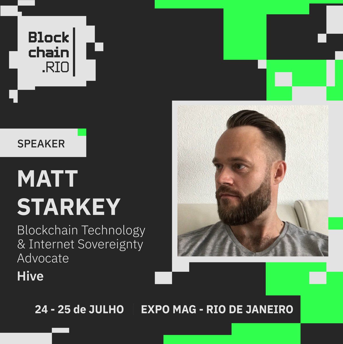 blockchain_rio's tweet image. Matt Starkey será speaker no BlockchainRIO 2024! 

Ele é um defensor da tecnologia blockchain e da soberania da internet. Construiu plataformas de mídia social Web3, e desempenhou papéis cruciais na plataforma de vídeo Web3 3Speak.tv e na SPK Network.