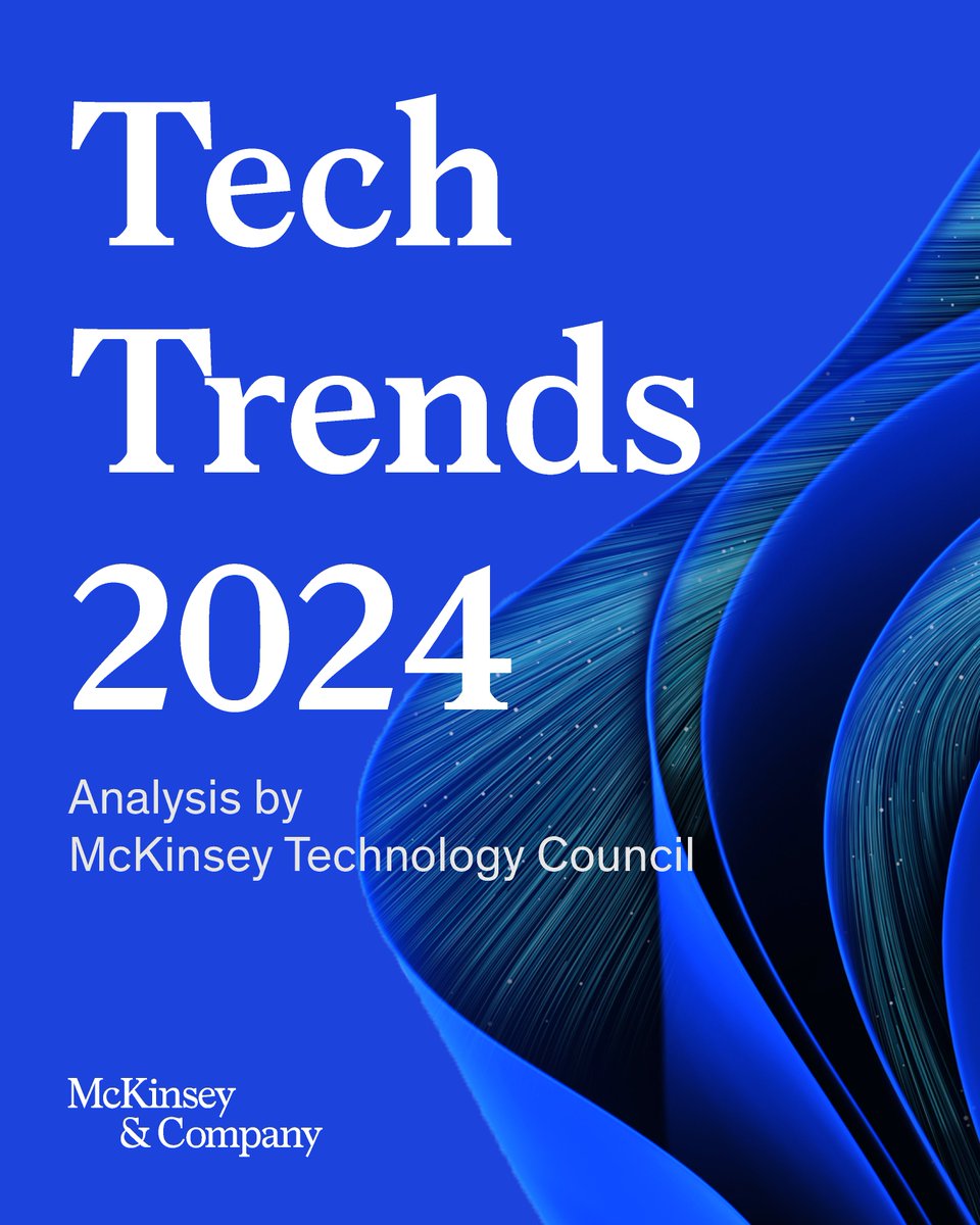 McKinsey's tweet image. What tech trends matter most for companies in 2024?

Our new analysis explores the adoption, development, and industry effects of advanced technologies, their future growth drivers, and investment strategies. ➡️ mck.co/TechTrends2024

#TechTrends2024