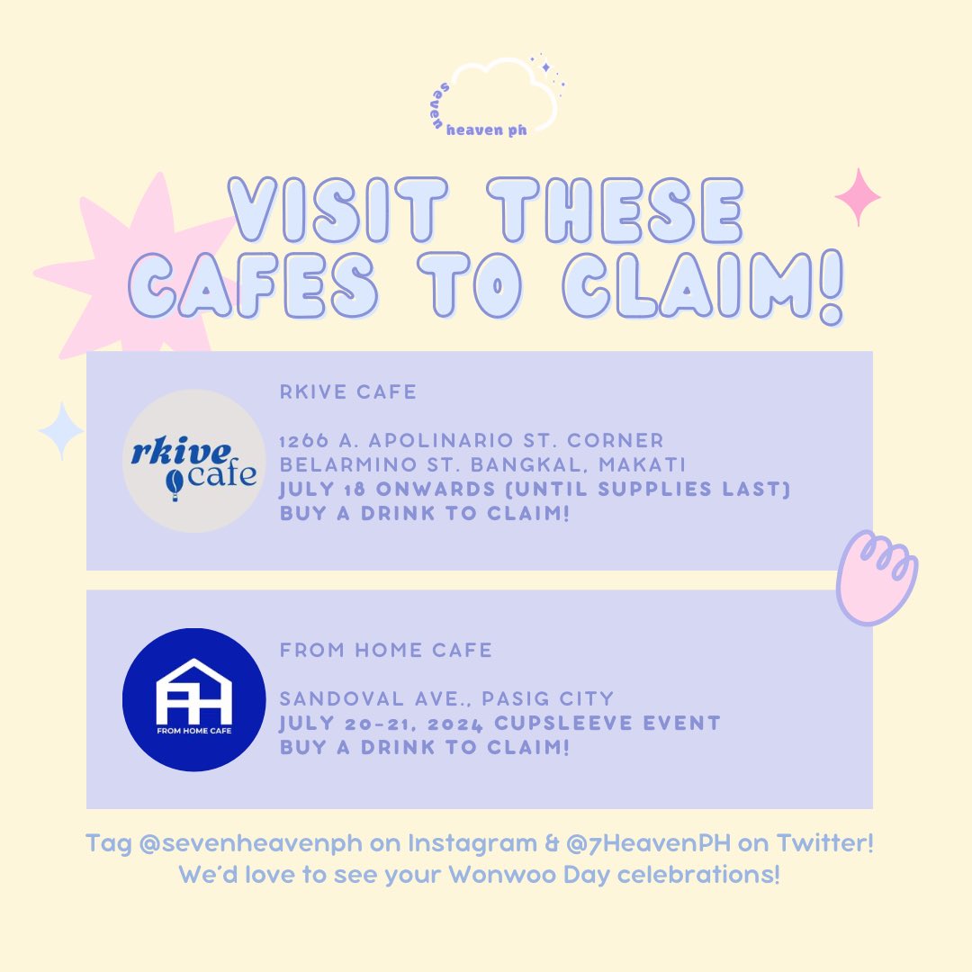Free Wonwoo Cupsleeve Event! 

Come celebrate Wonwoo’s birthday with us 🥳💜

Distributed by <a href="/7HeavenPH/">Seven Heaven PH</a> &amp; designed by <a href="/peachesnpaper/">Peaches & Paper</a> 🫶🏼

Visit <a href="/rkivecafe/">rkive café</a> or @fromhomecafe to claim! 

#sevenheavenph #happywonwooday #wonwoocseph